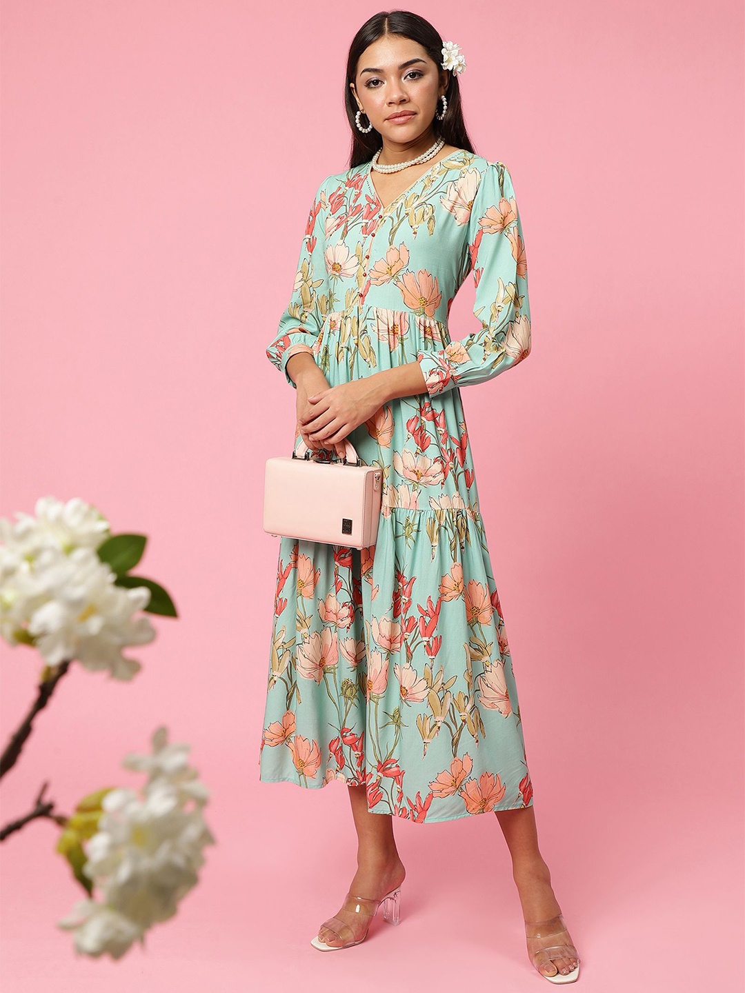 

Shree Floral Print V-Neck Cuffed Sleeves Layered Liva Fit & Flare Maxi Dress, Blue