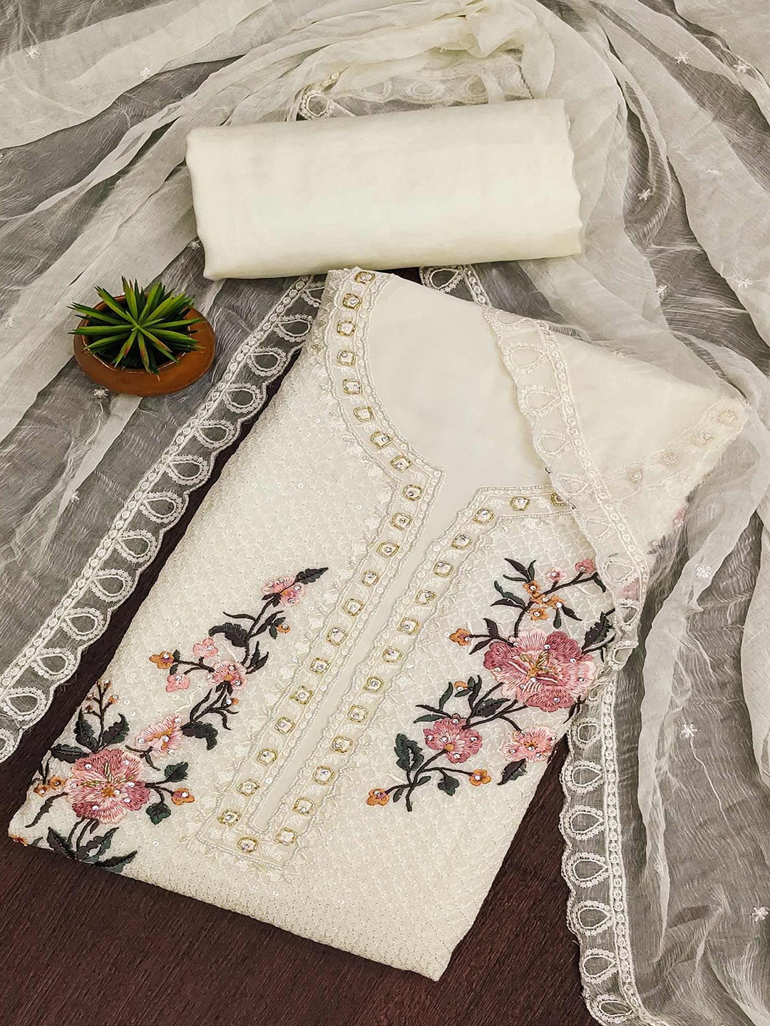 

Peachmode Embroidered Silk Georgette Unstitched Dress Material, Cream