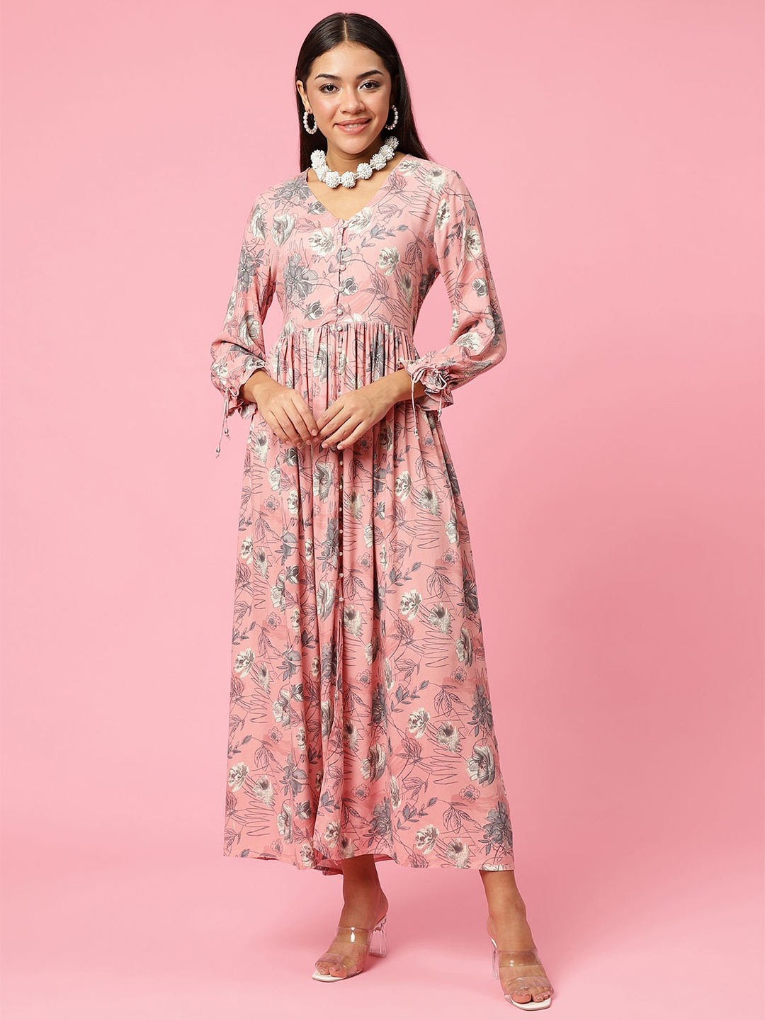 

Shree Women Floral Print Bishop Sleeve Liva Fit & Flare Maxi Dress, Pink