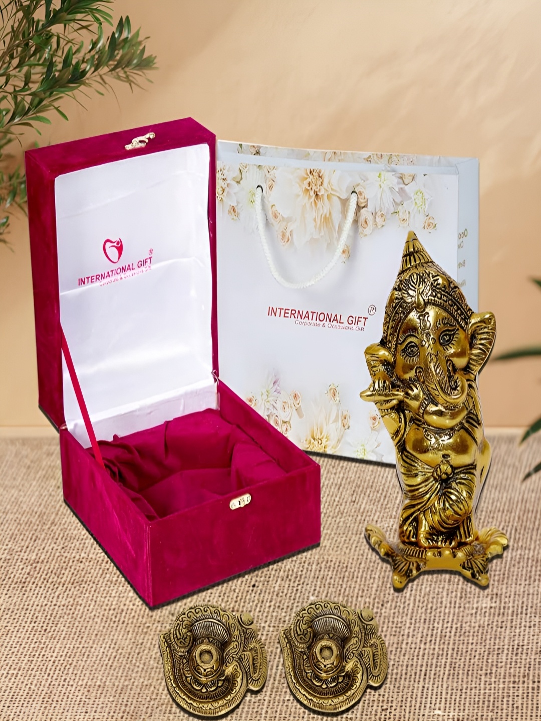 

INTERNATIONAL GIFT Gold-Toned 3 Pieces Lord Ganesh Idol & Diya With Box