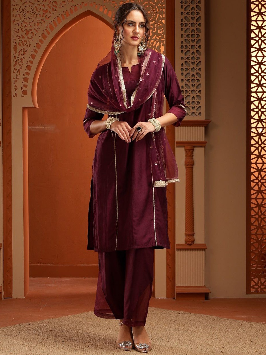 

Bani Women Zari Pakistani Style Kurta With Palazzo & Dupatta, Purple