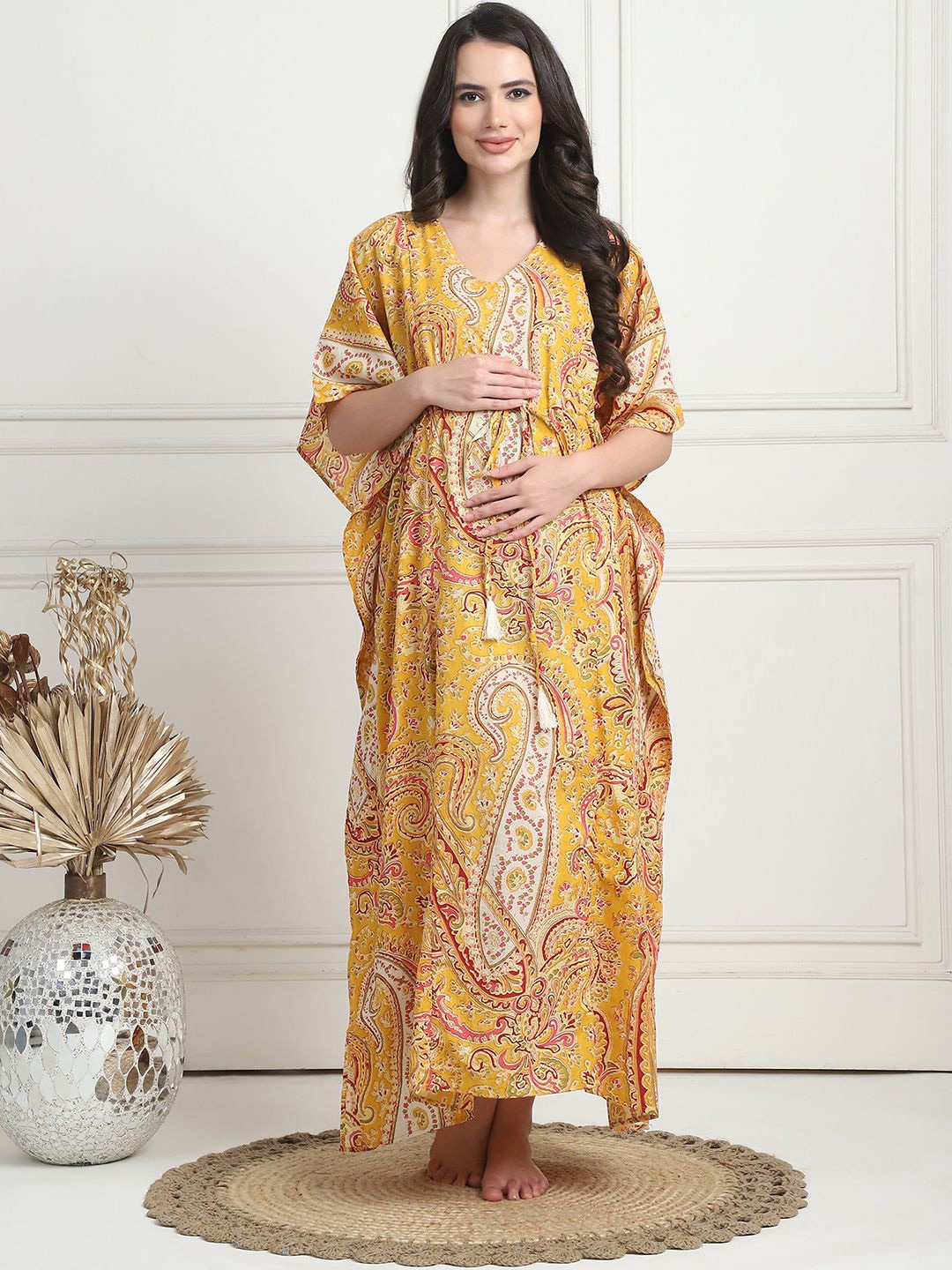 

Secret Wish Ethnic Motifs Printed Maxi Cotton Kaftan Nightdress, Yellow