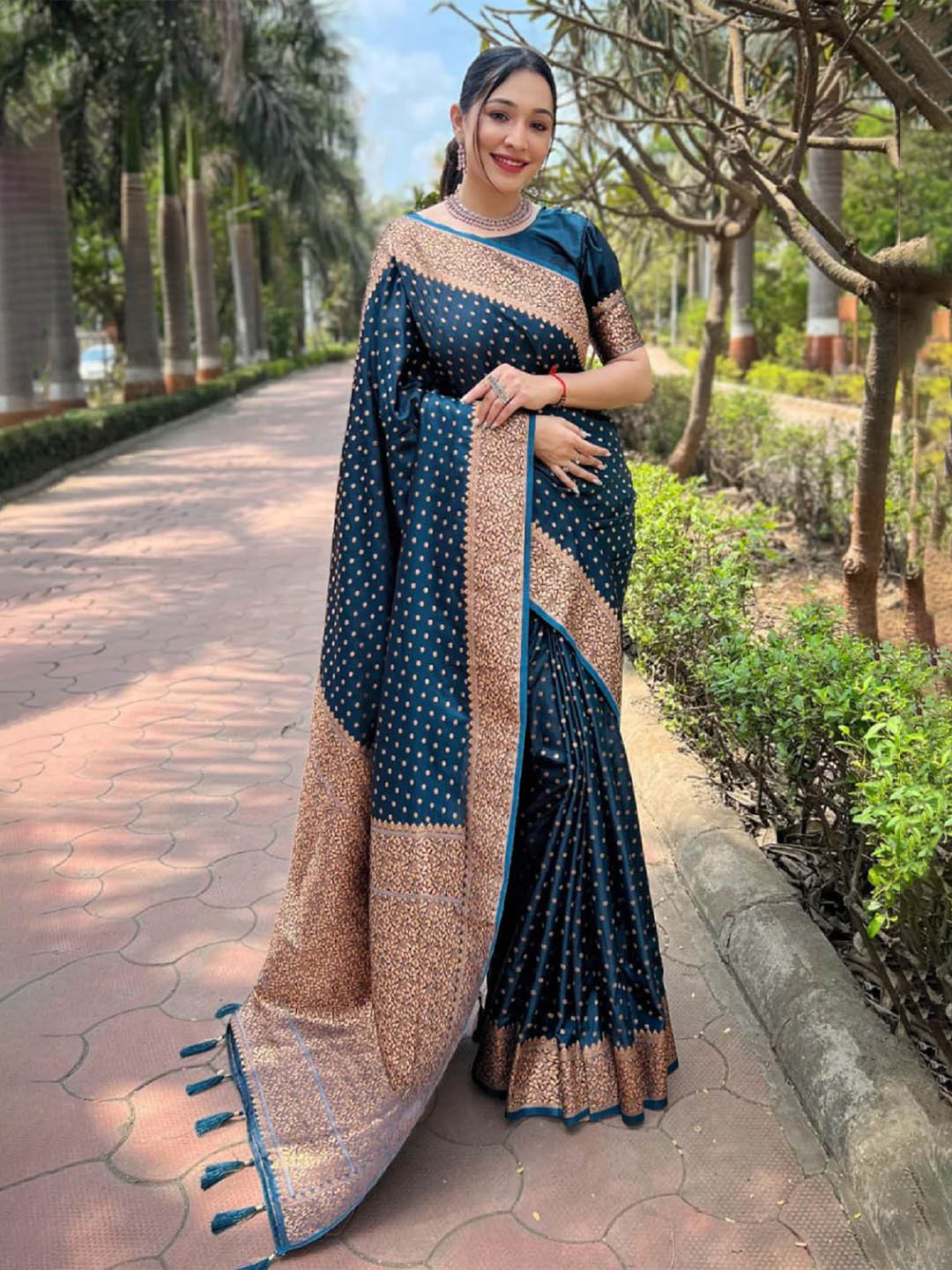 

Aika Woven Design Polka Dots Zari Saree, Blue