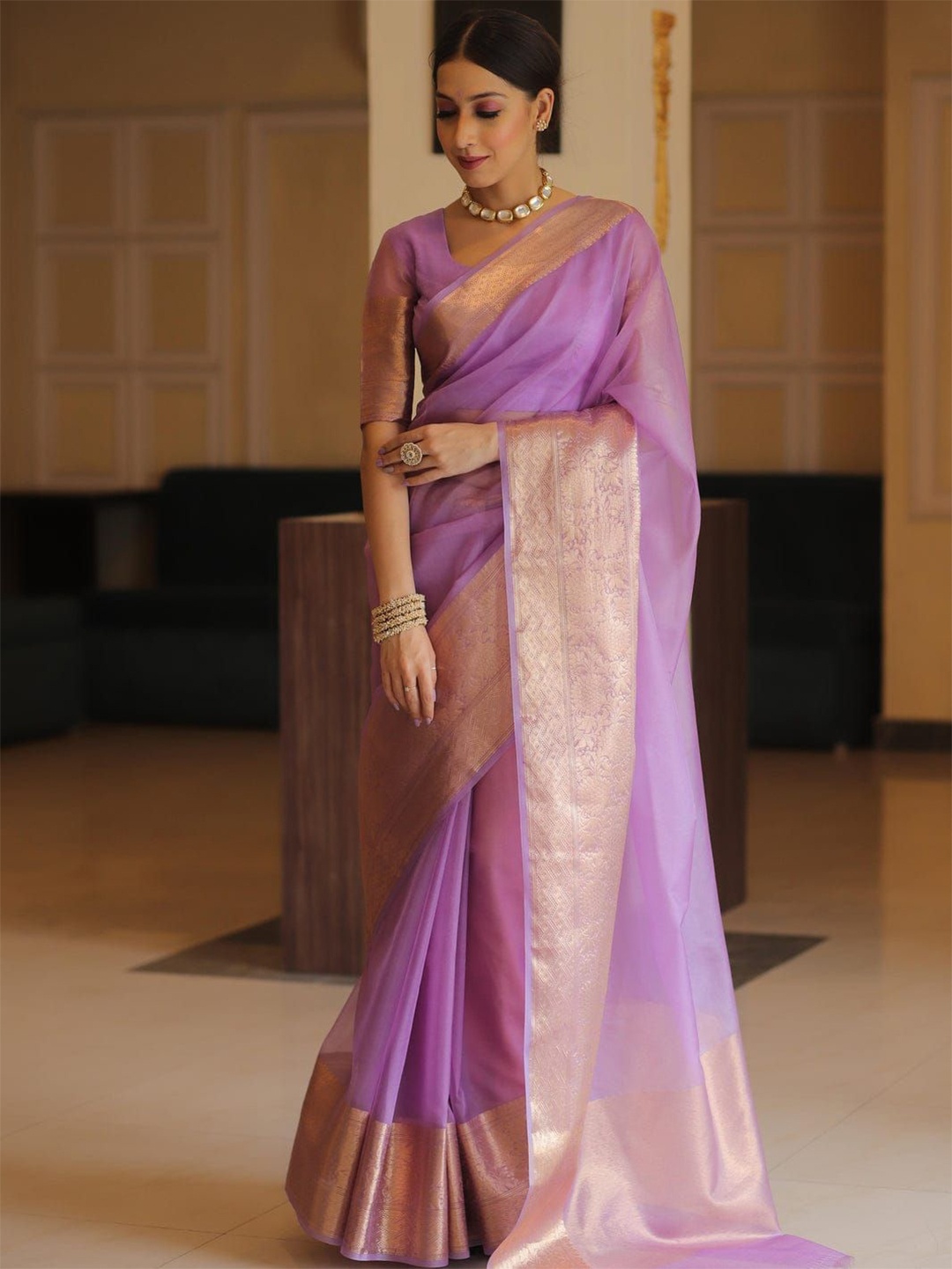 

LeeliPeeri Designer Solid Zari Organza Saree, Lavender