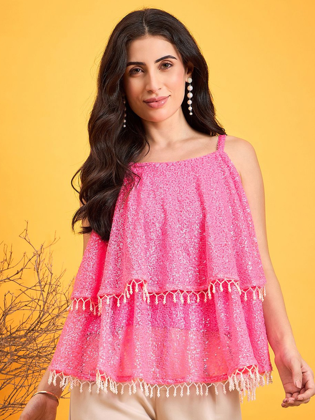 

The Kaftan Company Women Sequinned Stripes Embellished Shoulder Straps Top, Pink