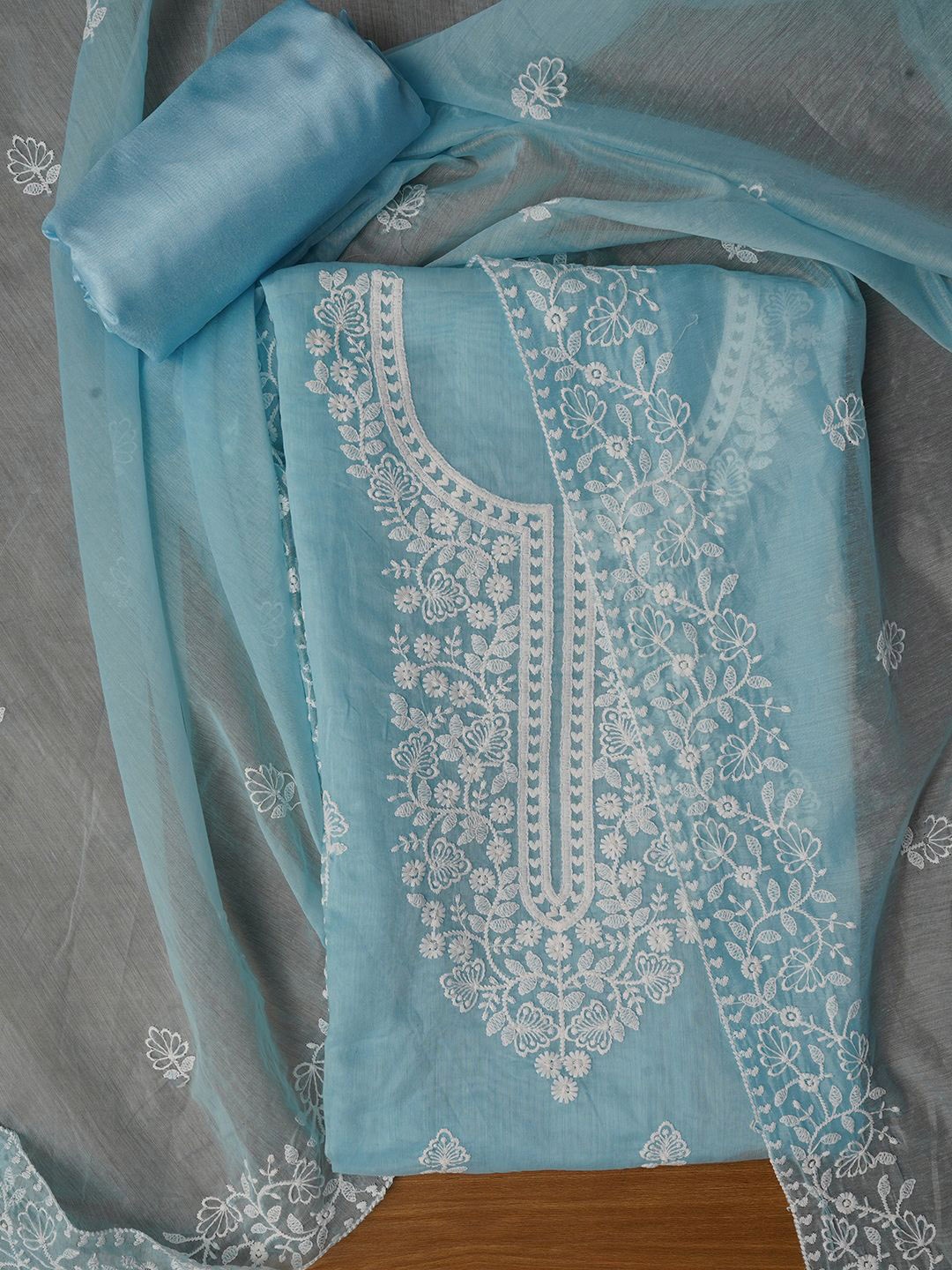 

Jaipur Kurti Unstitched Embroidered Cotton Blend Dress Material With Dupatta, Blue