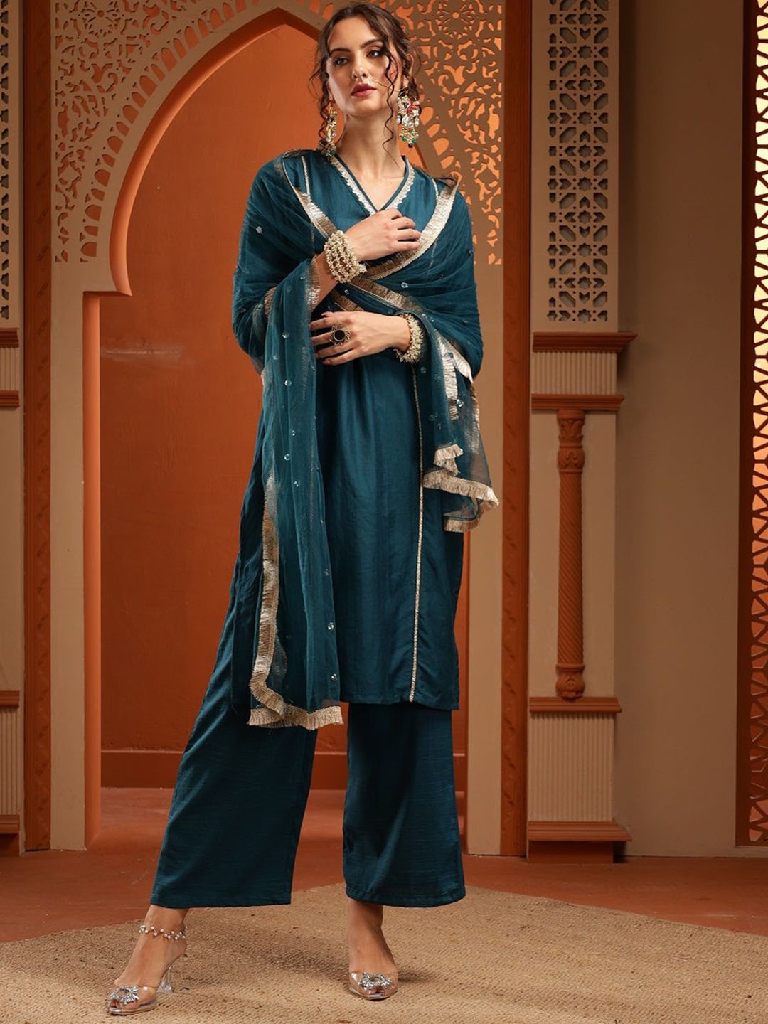 

Bani Women Floral Embroidered Gotta Patti Straight Kurta With Palazzos & Dupatta, Teal