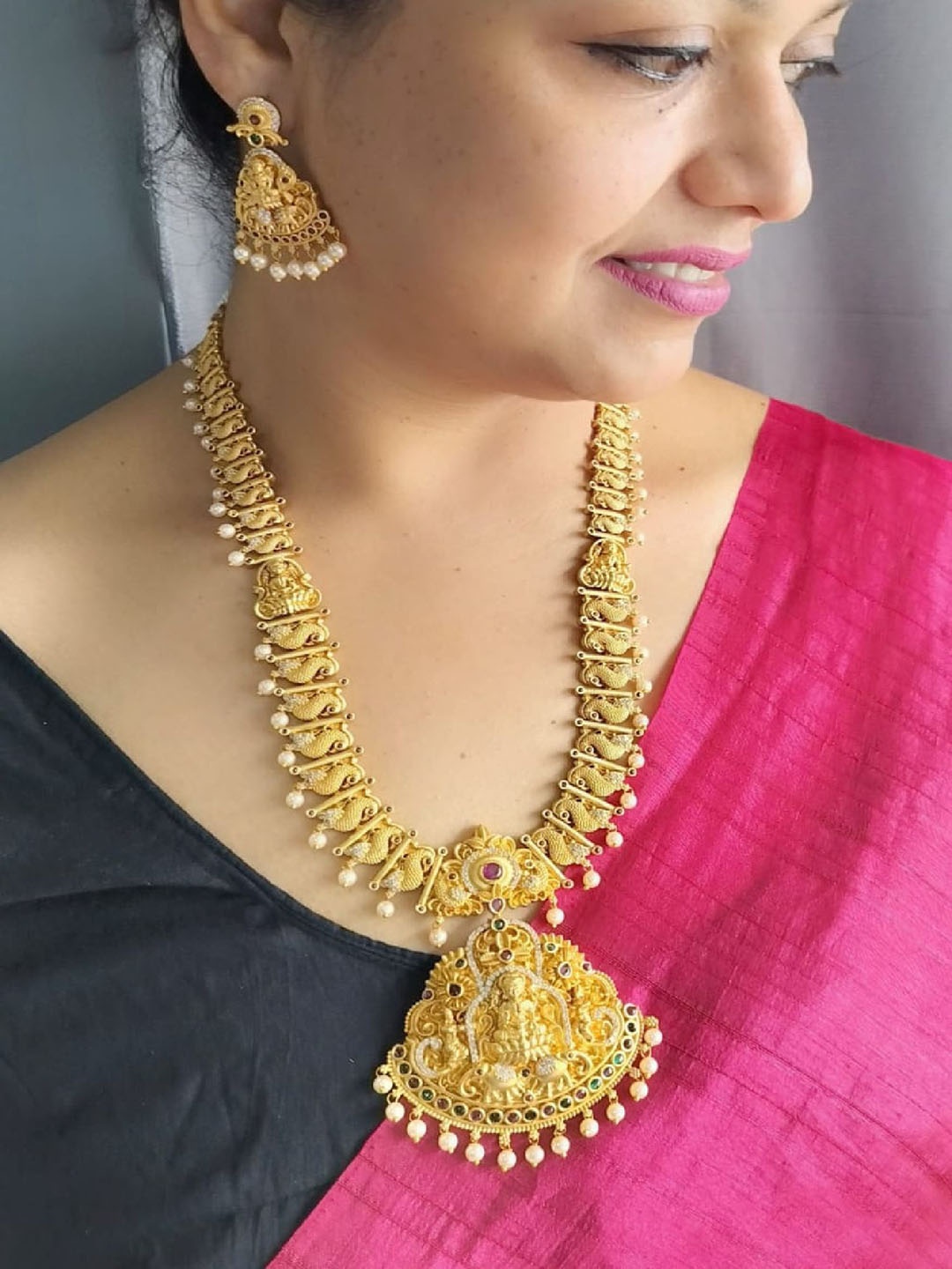 

GRIIHAM Gold-Plated Cubic Zirconia Studded Long Hara Temple Necklace and Earrings