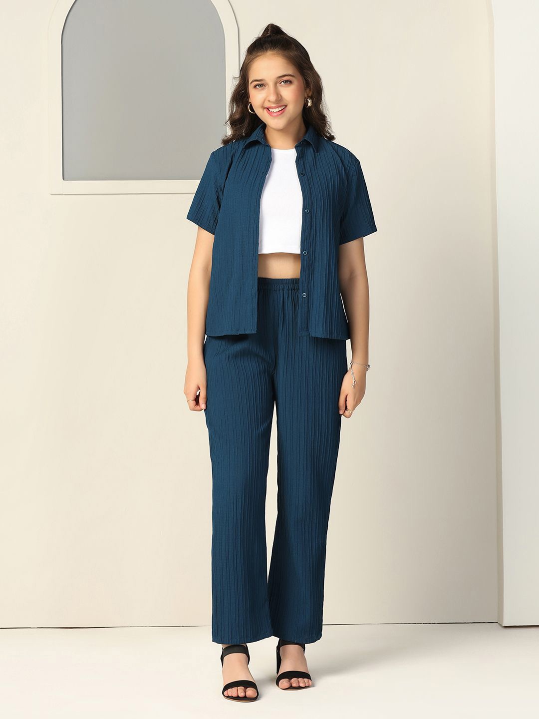 

OMPAX Girls Self Design Shirt And Inner With Trousers, Green