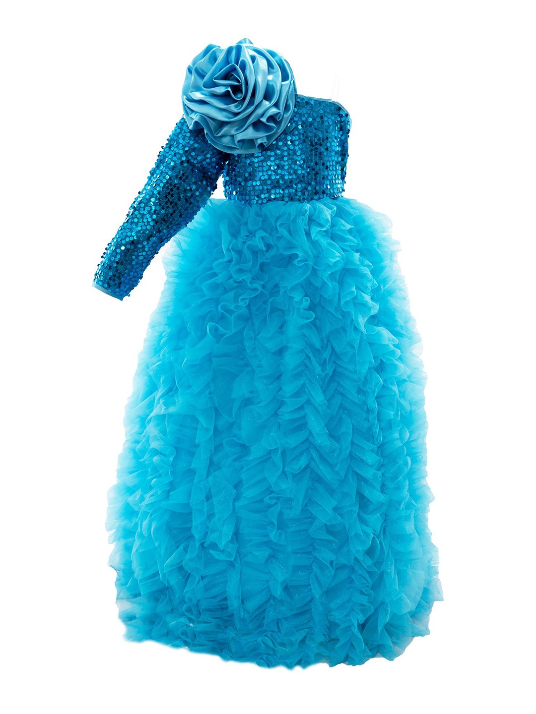 

Pink Wings Girls Solid Embellished Off-Shoulder Full Length Frill Gown Dress, Blue