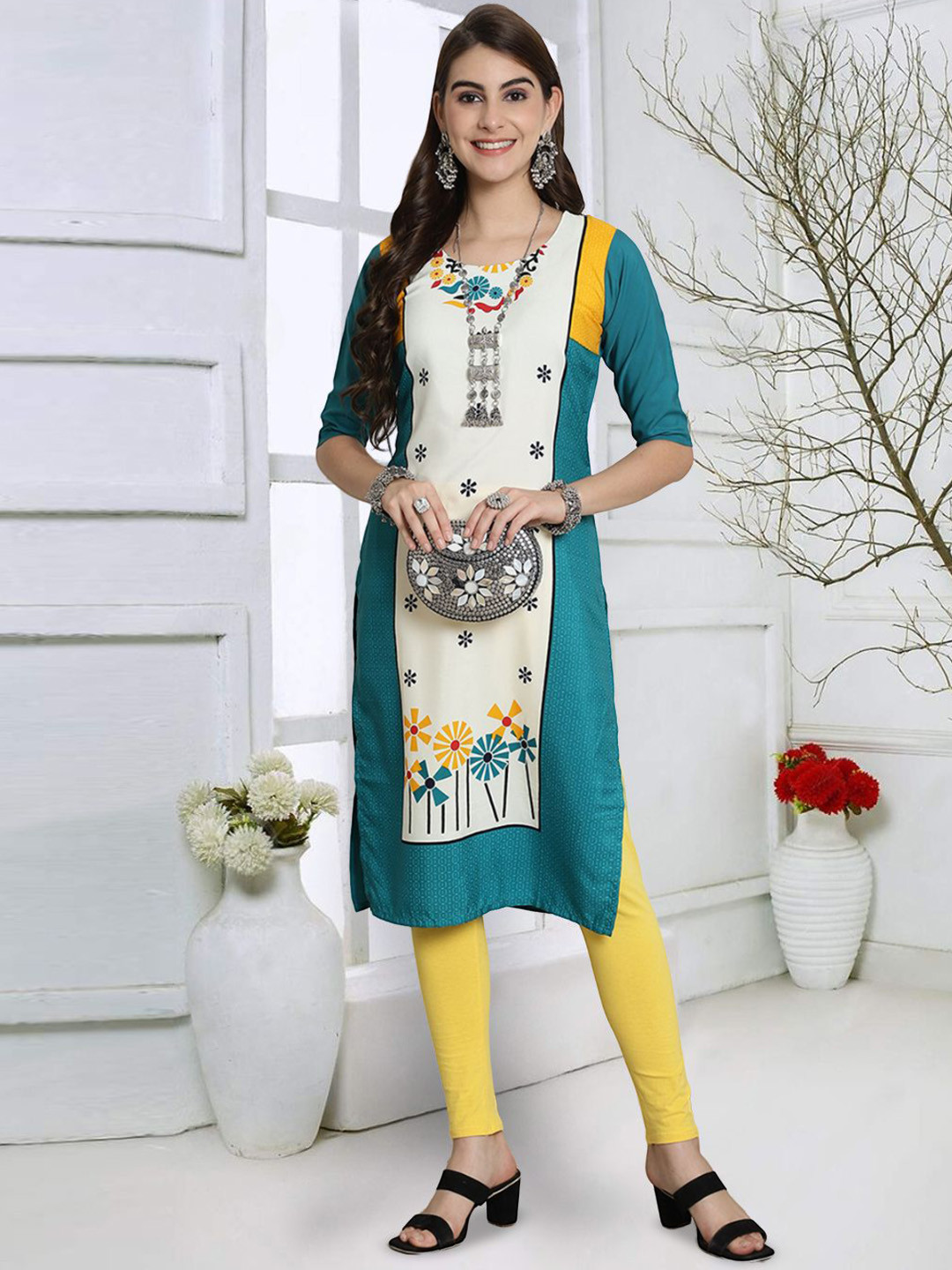 

7Threads Floral Printed Straight Kurta, Blue
