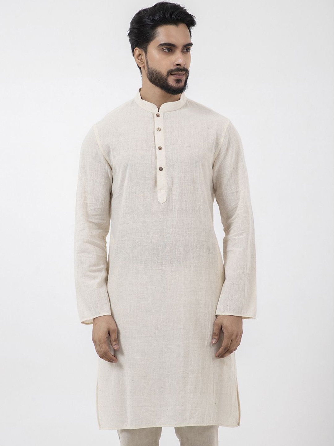 

Inkriti Mandarin Collar Organic Cotton Straight Kurta, Off white