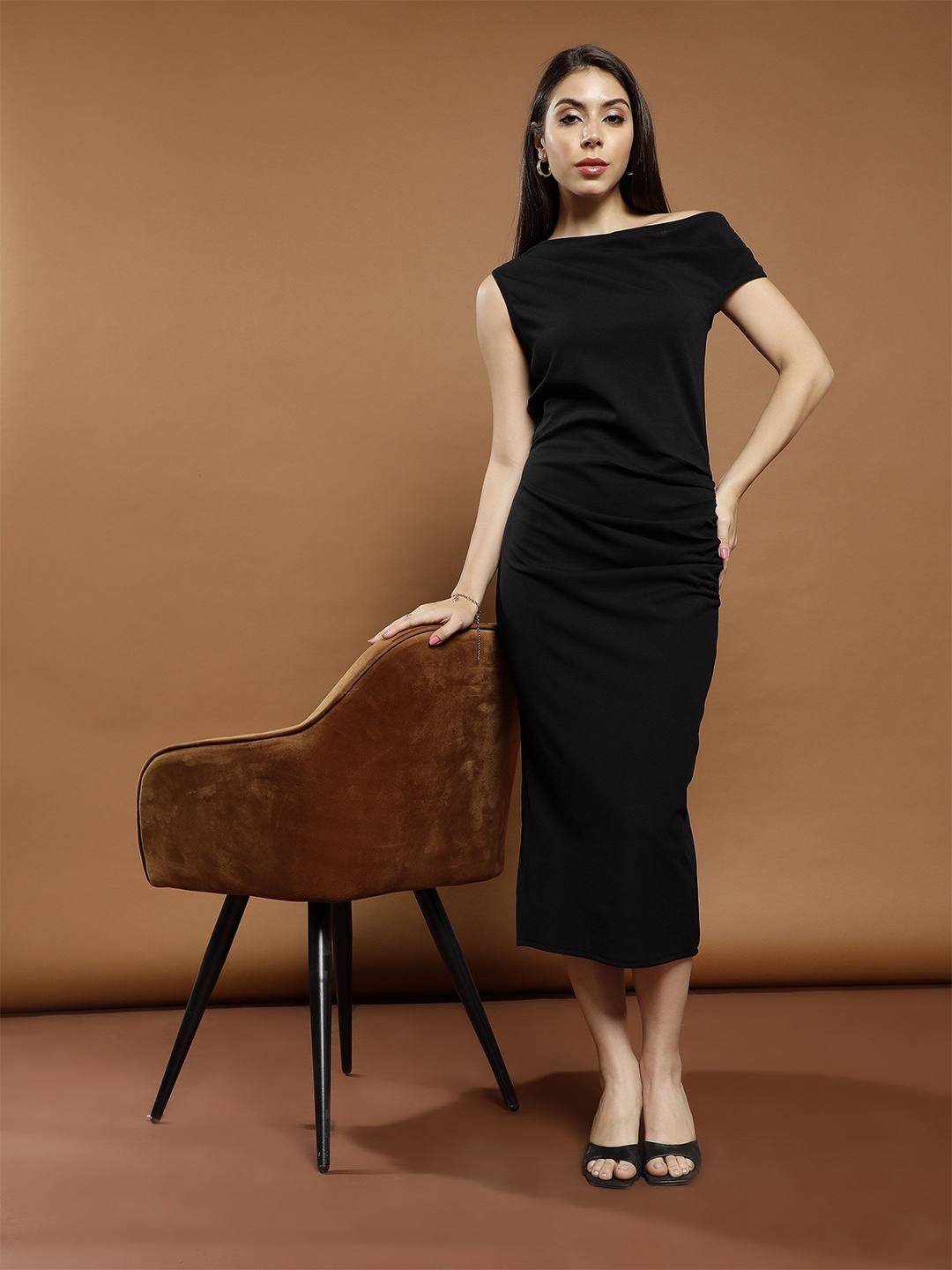 

Athena Women Solid Off-Shoulder Bodycon Midi Dress, Black