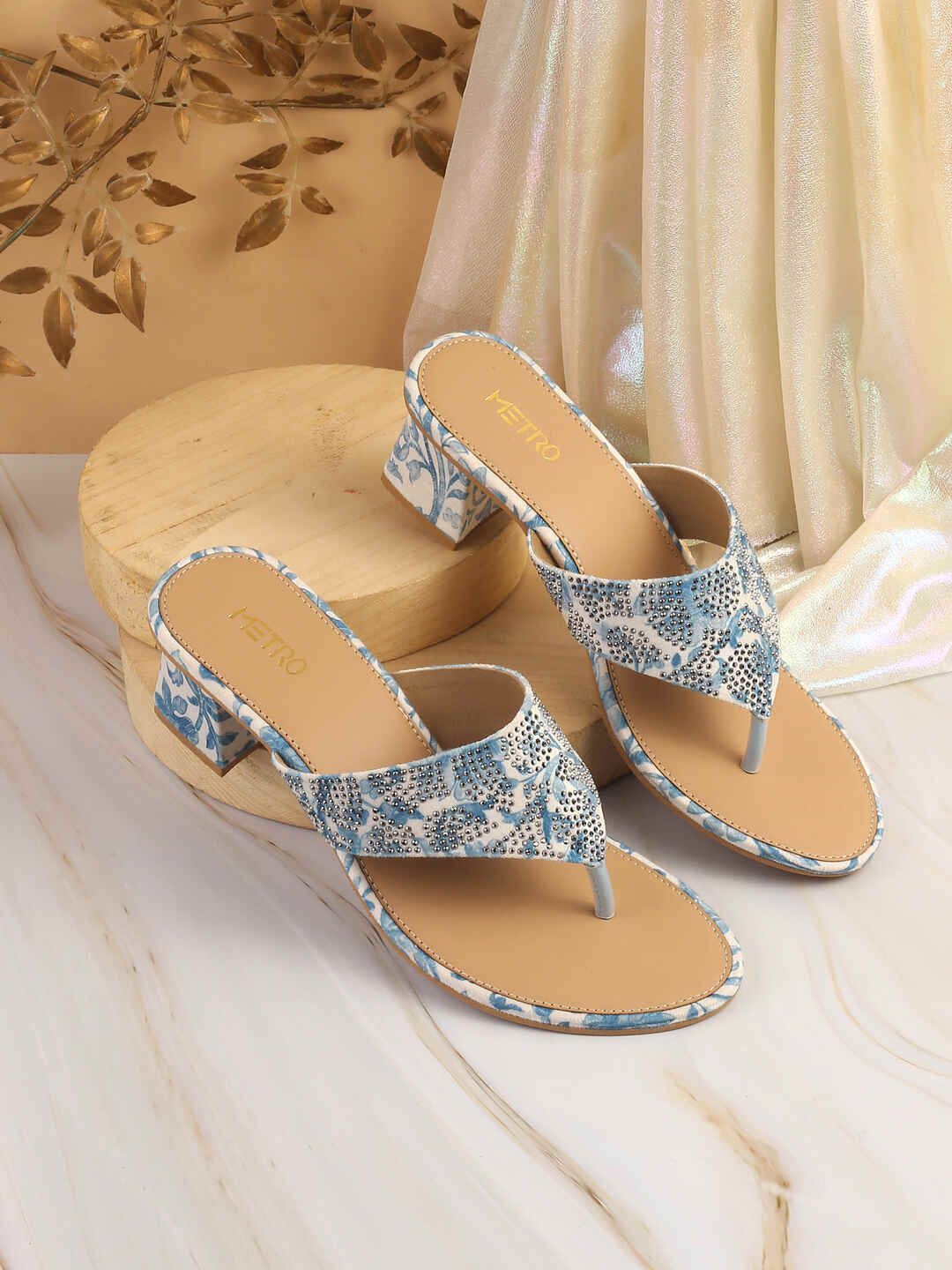 

Metro Printed Embellished Block Heel Sandals, Blue
