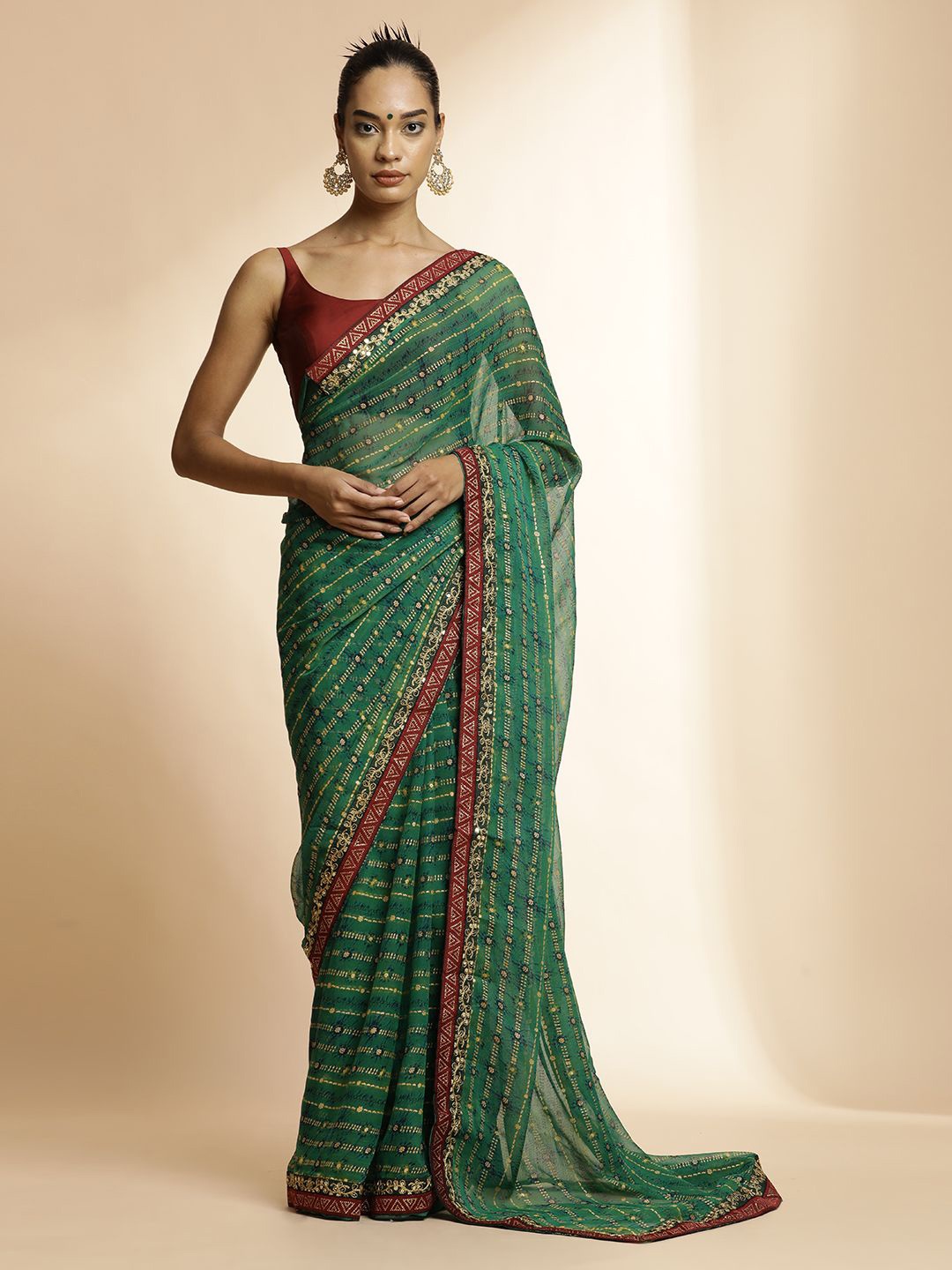

Jaipur Kurti Ethnic Motifs Embroidered Pure Georgette Saree, Green