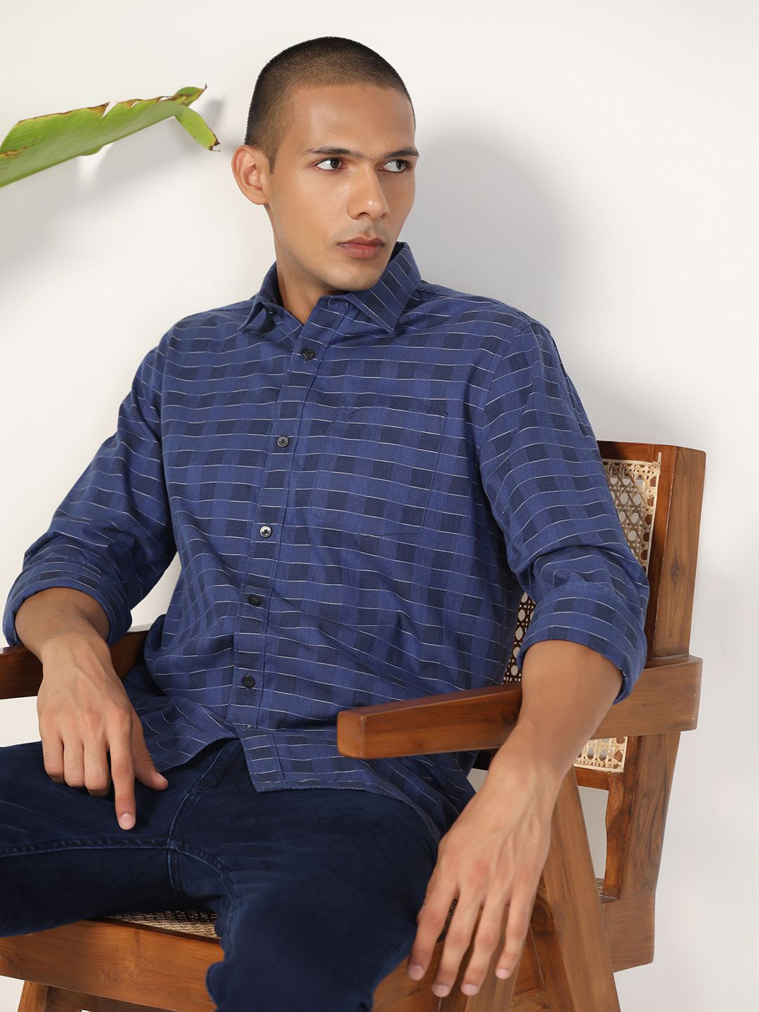 

Blackberrys Men India Slim Cutaway Collar Tartan Checked Cotton Slim Fit Casual Shirt, Blue