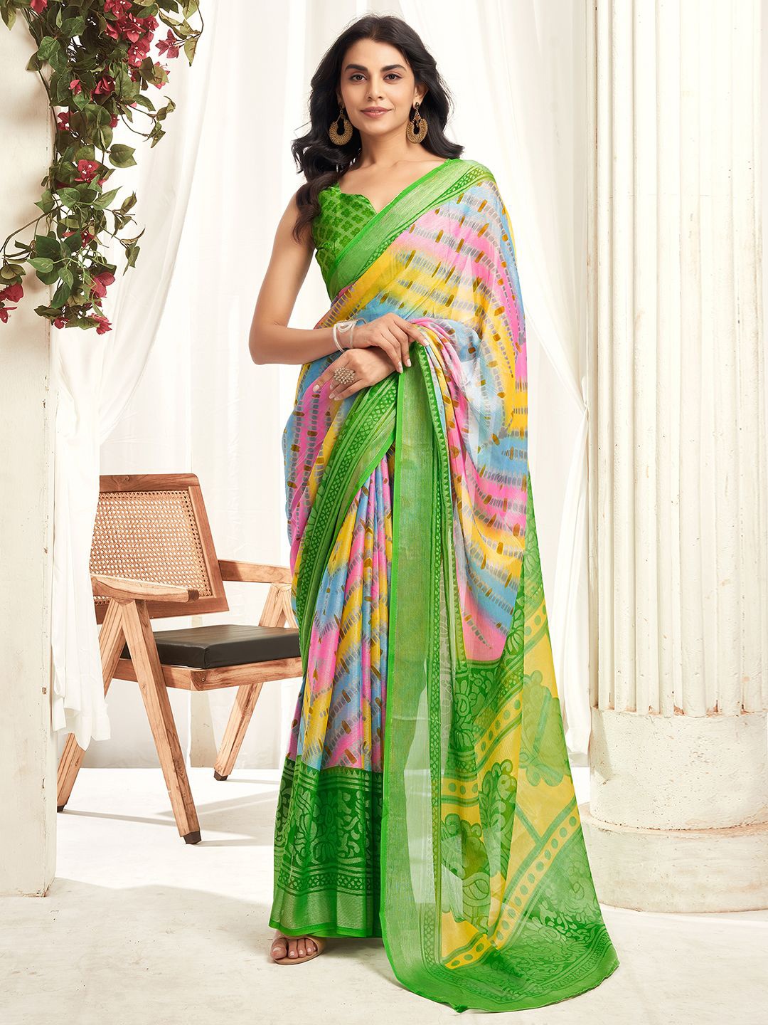 

KALINI Ethnic Motifs Zari Pure Chiffon Dabu Saree, Green