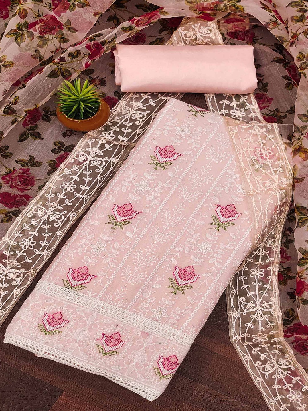 

Peachmode Embroidered Pure Cotton Unstitched Dress Material, Peach