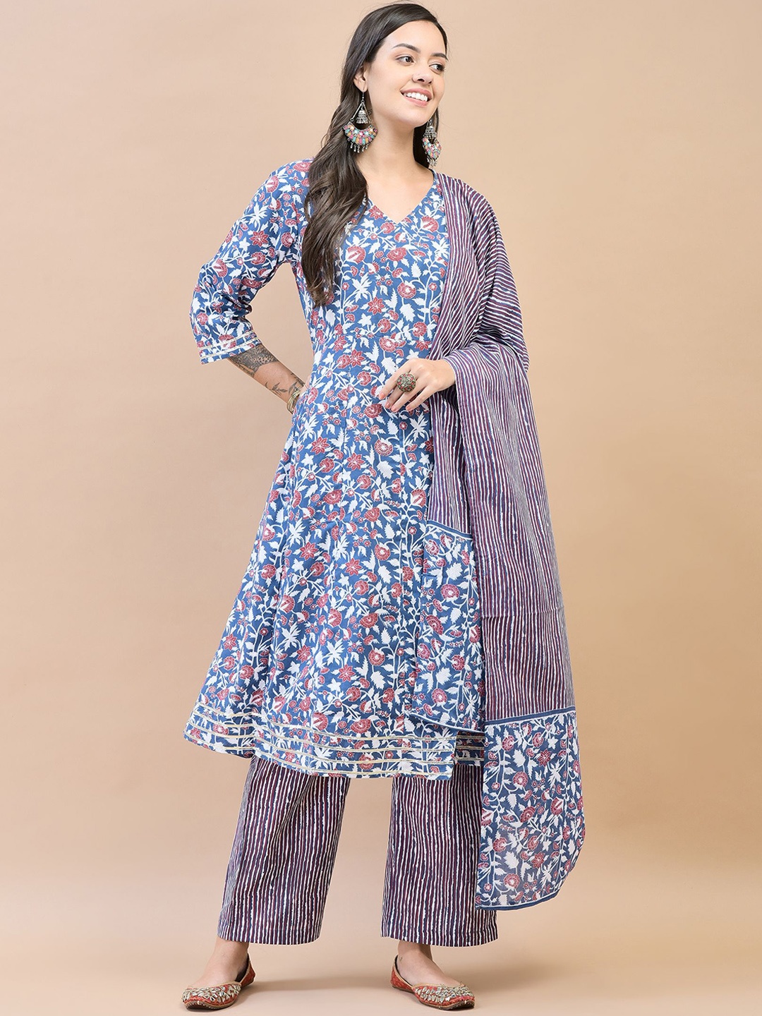 

Shree Floral Printed Angrakha Gotta Patti A-Line Kurta With Trouser & Dupatta, Blue