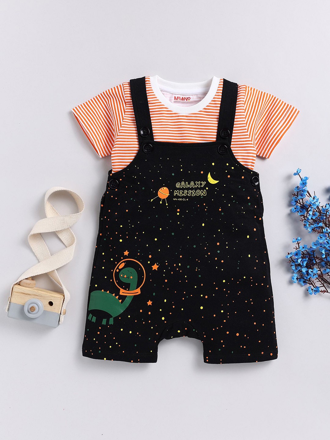

MIMINO Infants Girls Printed Pure Cotton Dungaree With Striped T-Shirt, Black