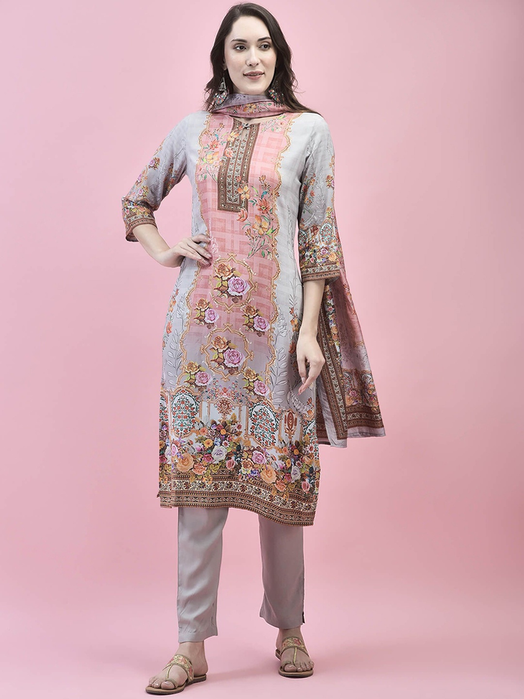 

Shree Floral Printed Keyhole Neck Straight Kurta with Trousers & Dupatta, Beige