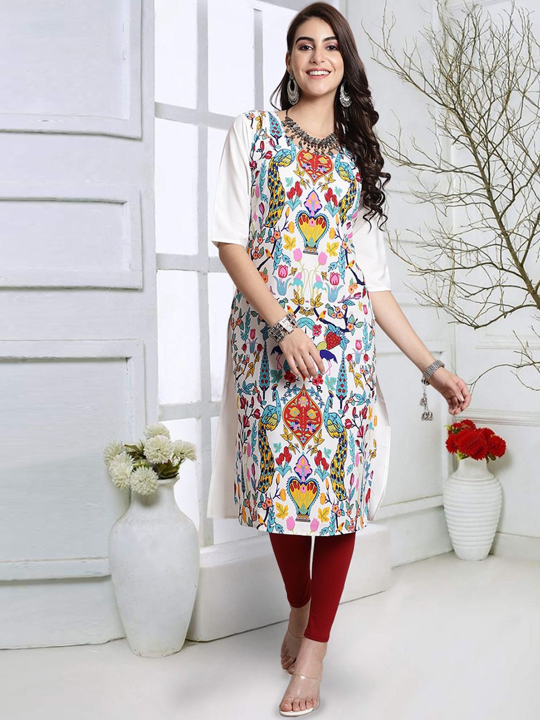

7Threads Floral Printed Round Neck Crepe Straight Kurta, White