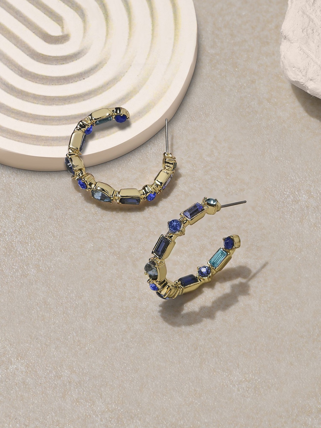 

Accessorize Crystals Stone Studded Circular Half Hoop Earrings, Blue