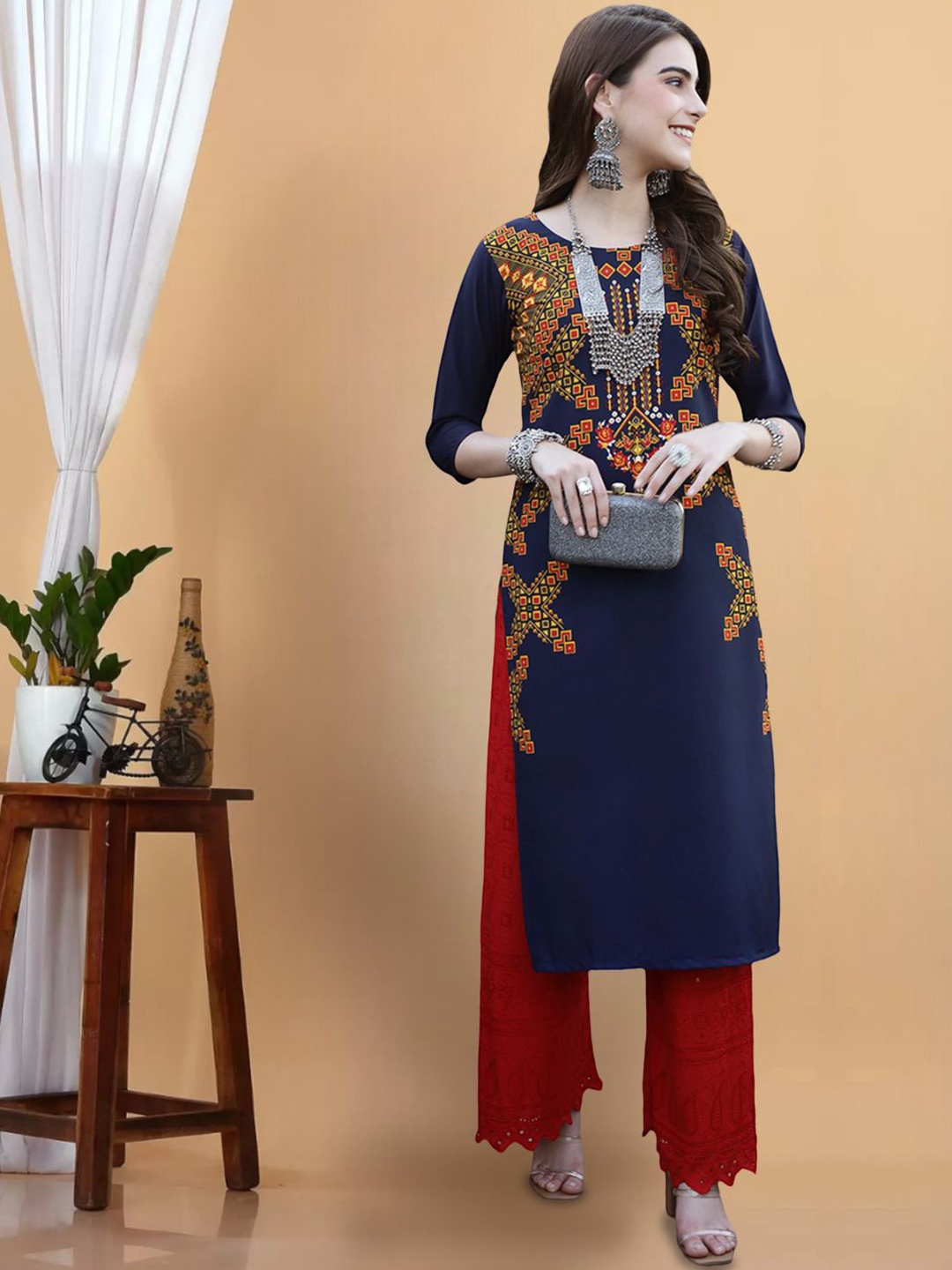 

7Threads Ethnic Motifs Printed Round Neck Crepe Straight Kurta, Navy blue