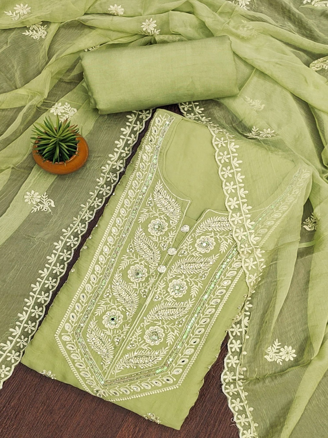 

Peachmode Embroidered Thread Work Organza Unstitched Dress Material, Green
