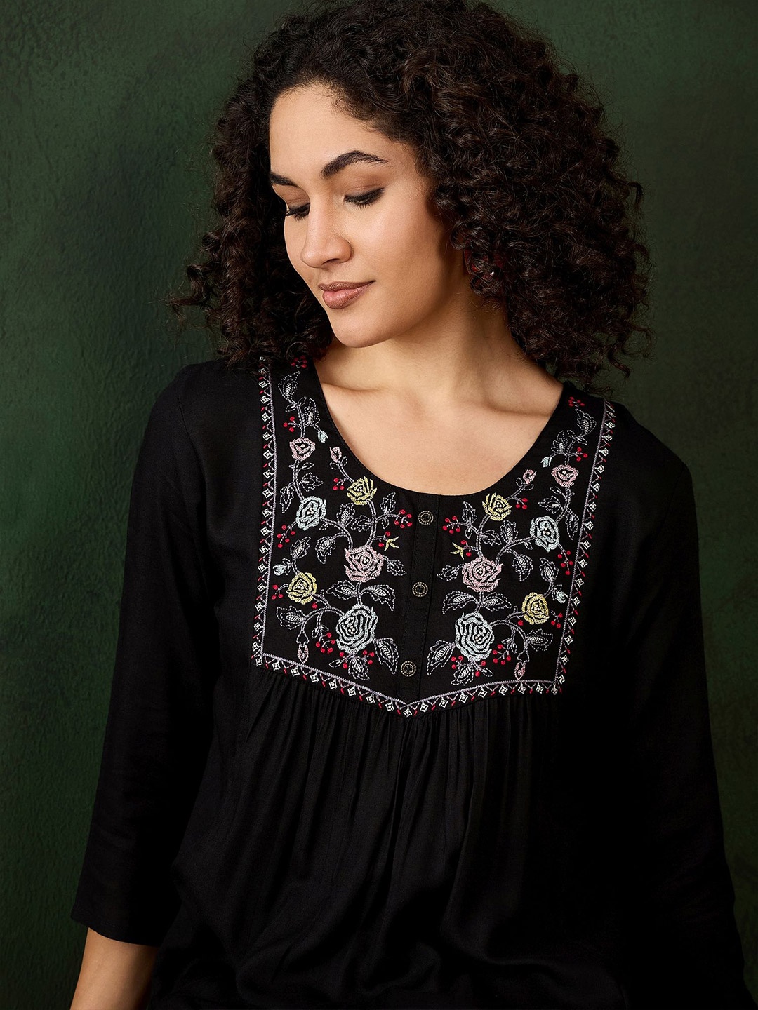 

Sangria Women Floral Embroidered Round Neck Top, Black