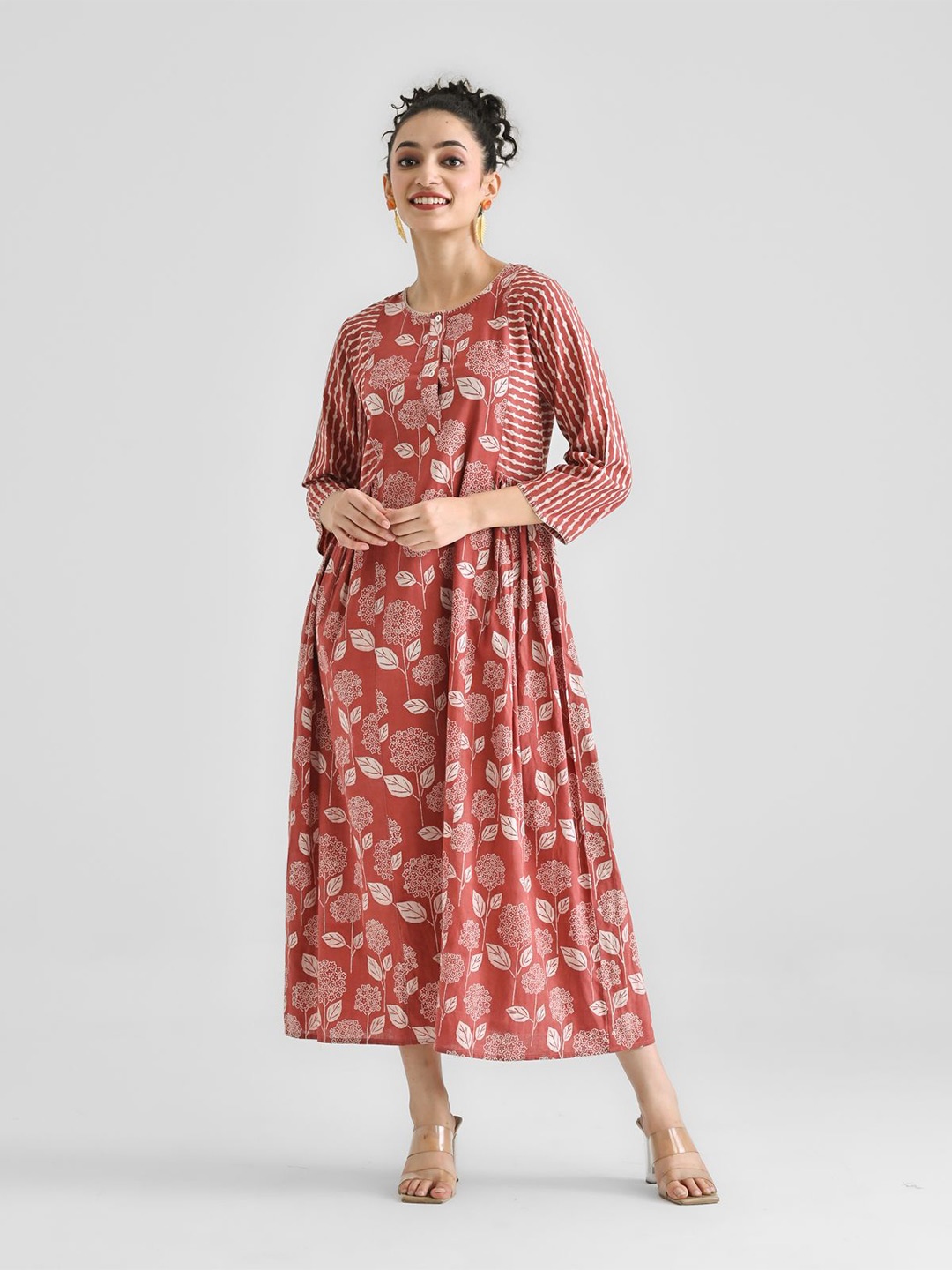 

Rustorange Women Floral Printed Cotton A-Line Maxi Dress, Rust