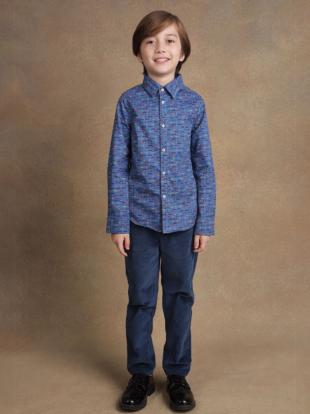 

One Friday Boys Comfort Spread Collar Conversational Printed Cotton Formal Shirt, Navy blue