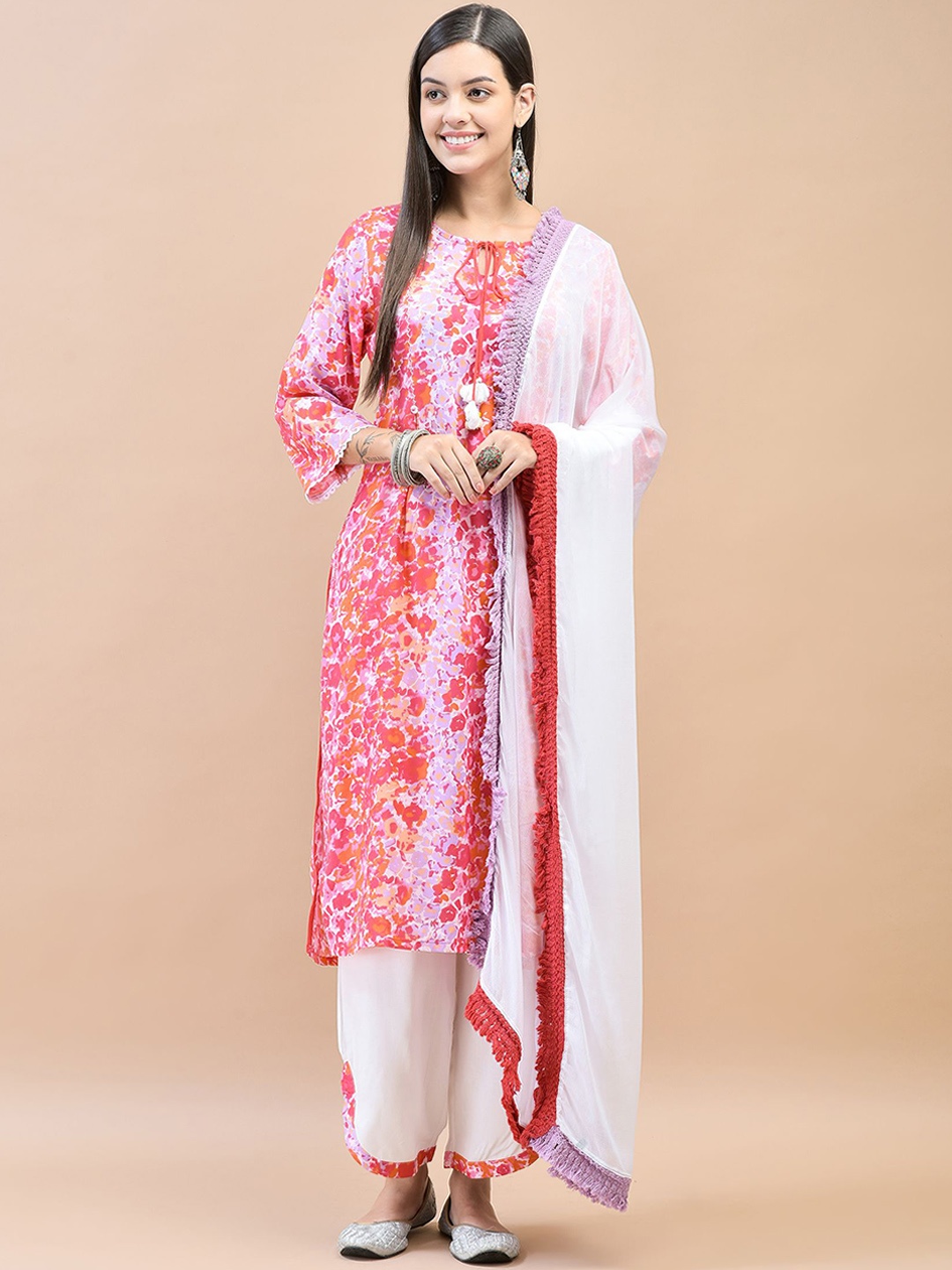 

Shree Floral Printed Liva Straight Kurta & Trousers With Dupatta, Pink