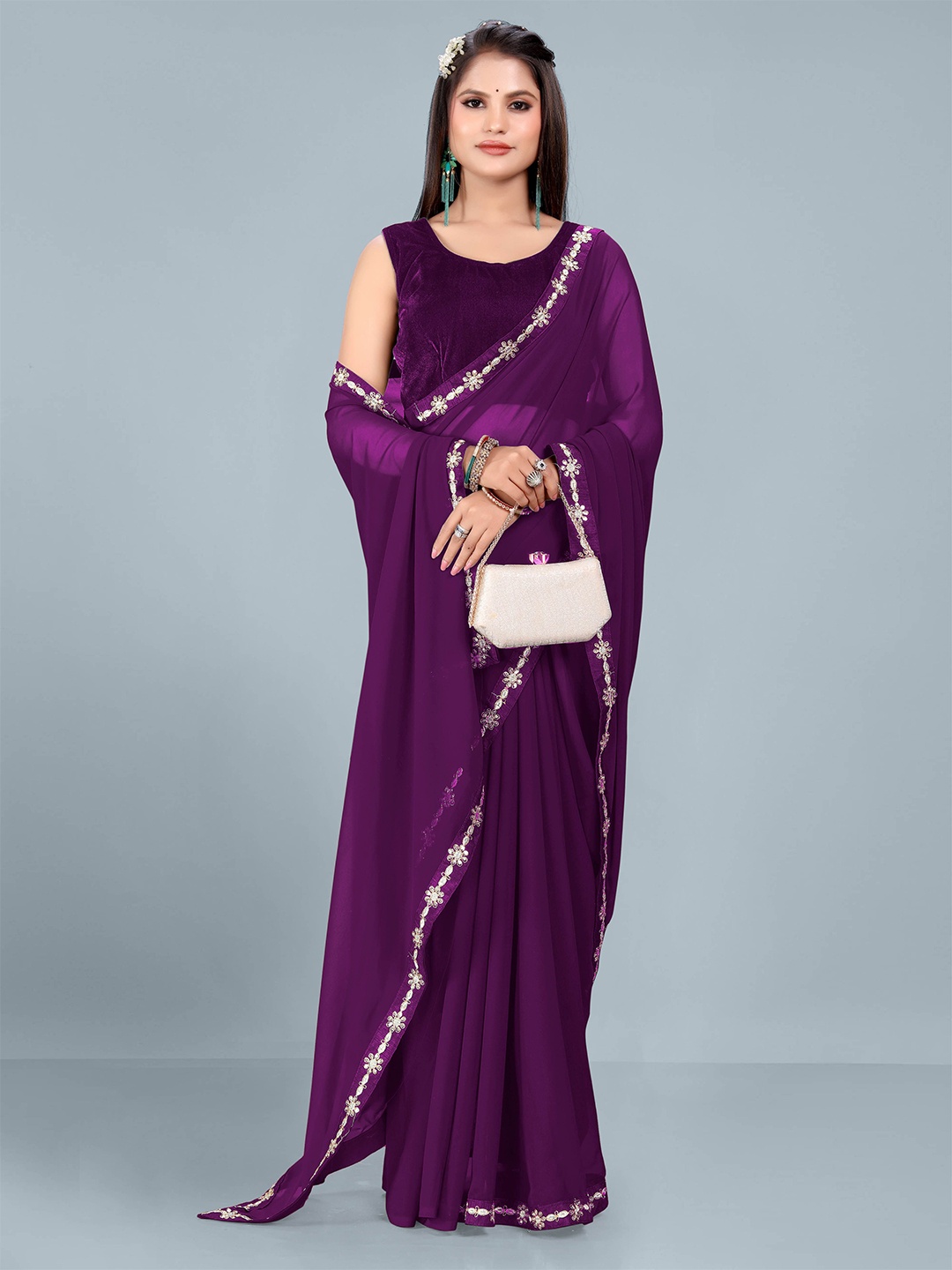 

Ashiya Fab Solid Beads and Stones Pure Georgette Saree, Purple