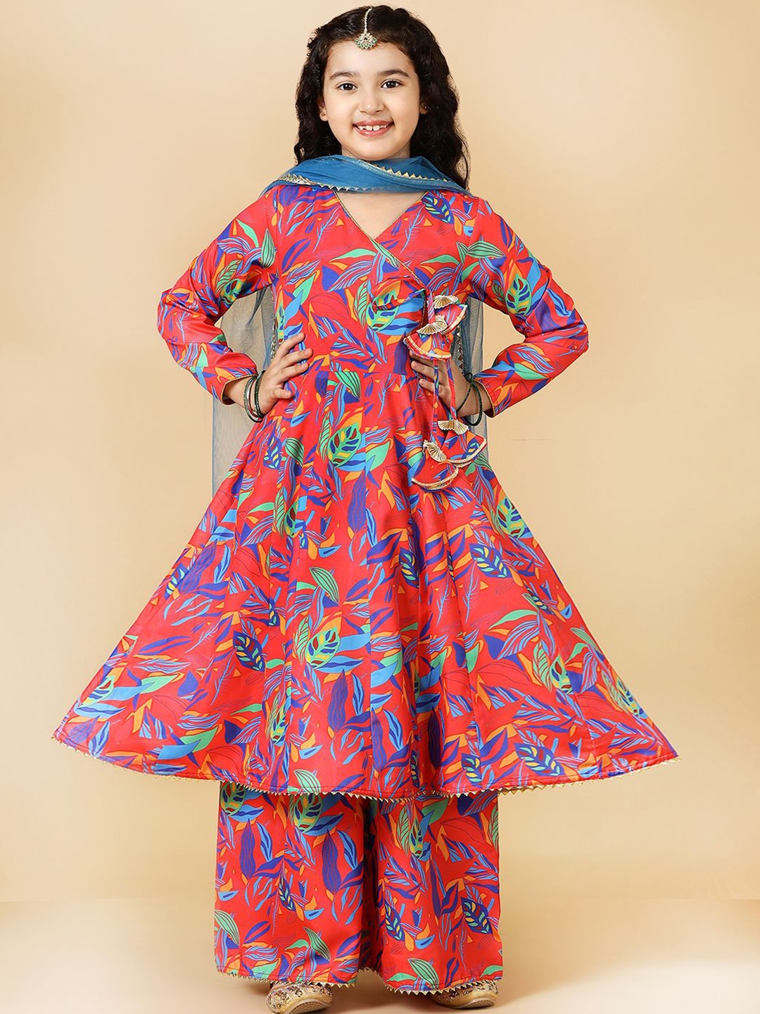 

A.T.U.N. Girls Floral Printed Regular Anarkali Kurta With Palazzos & Dupatta, Red