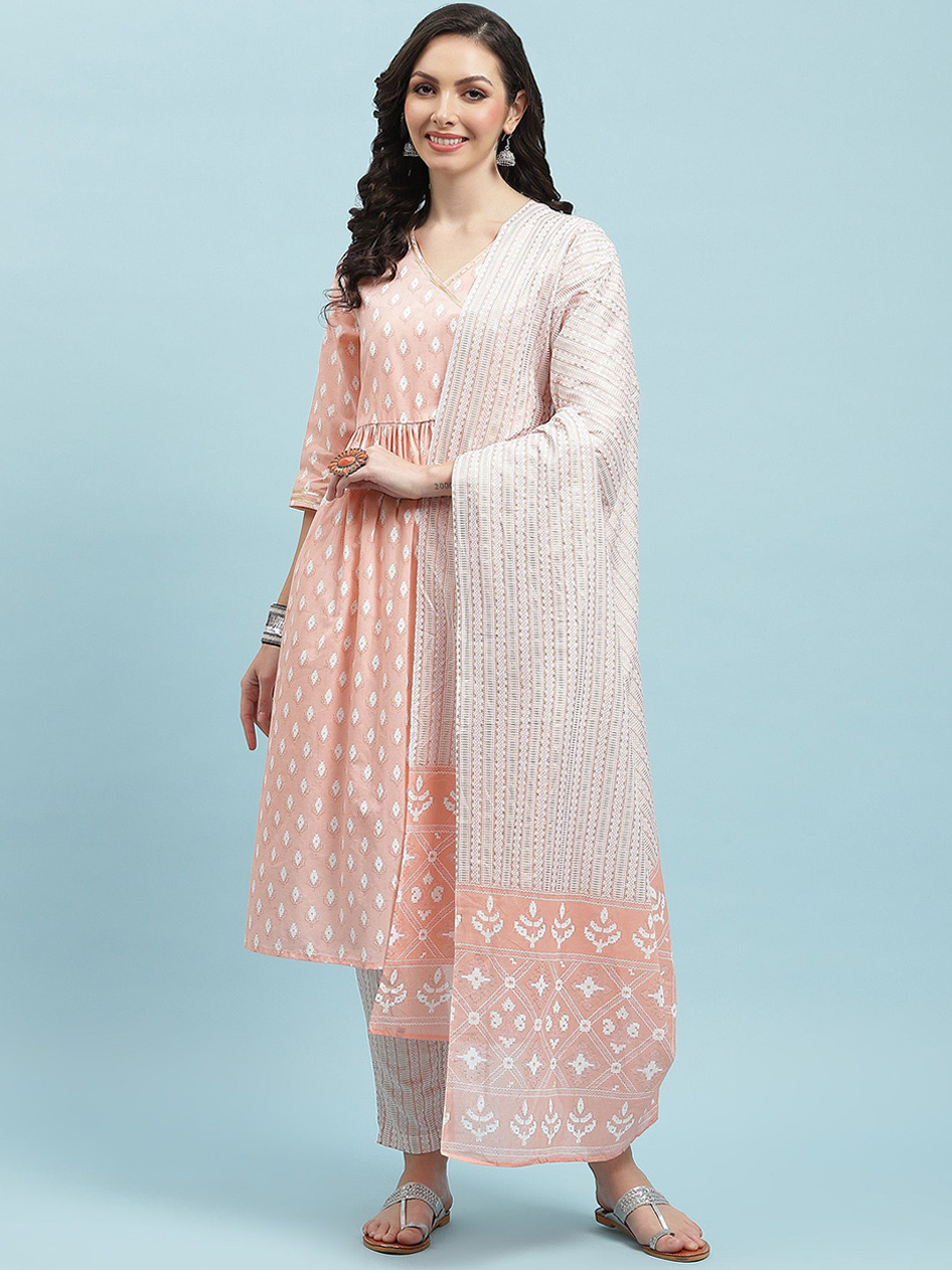 

Shree Women Ethnic Motifs Printed Angrakha Pure Cotton Kurta with Trousers & With Dupatta, Peach
