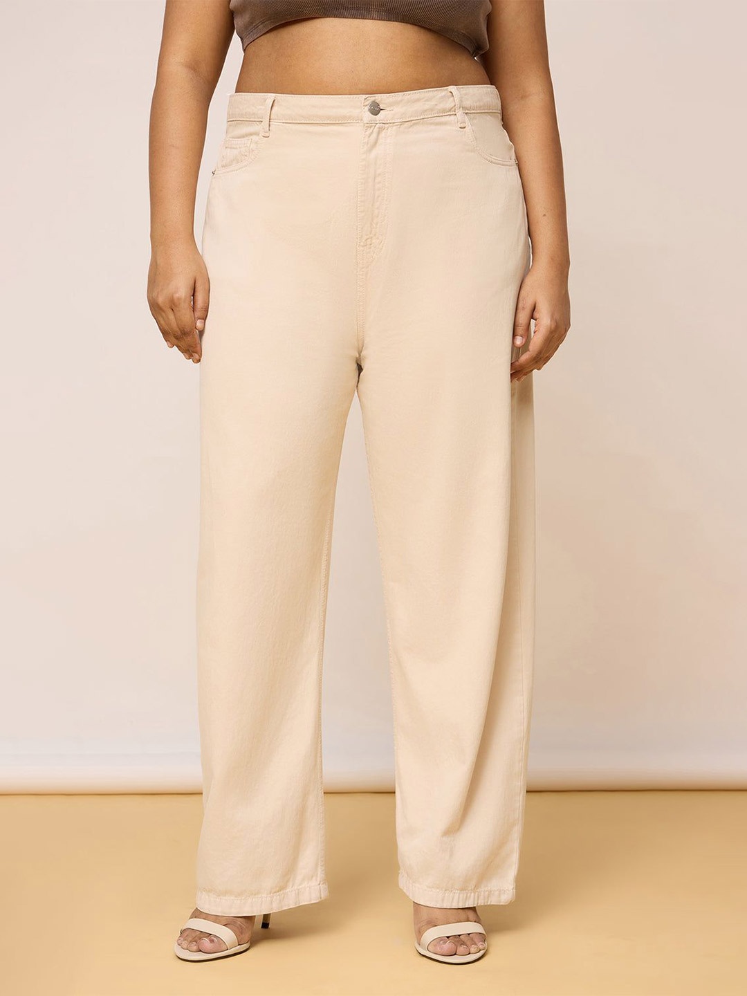 

FREAKINS Plus Size Women Straight Fit High-Rise Cotton Jeans, Cream