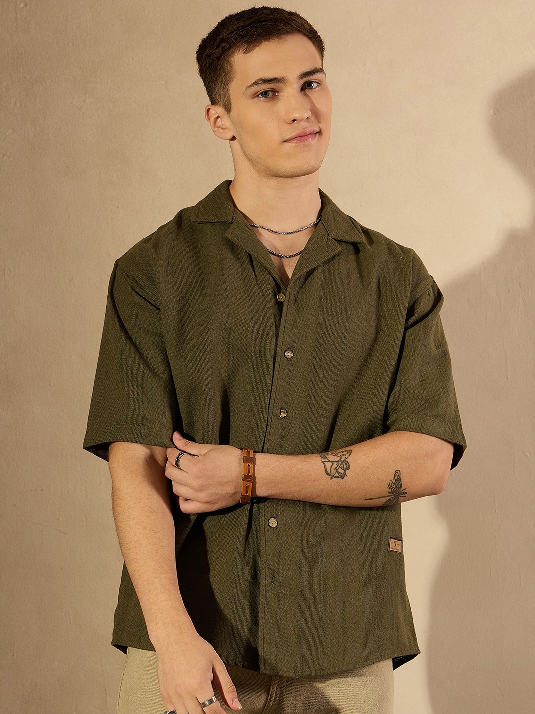 

DENNISON Men Smart Oversized Casual Shirt, Olive