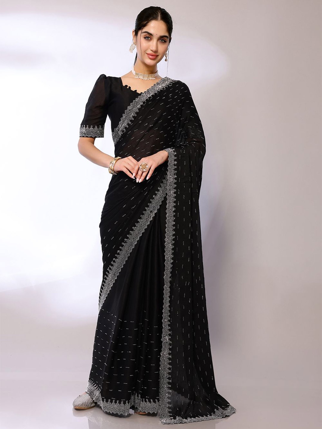 

FABMORA Embellished Beads and Stones designer Saree with blouse piece, Black