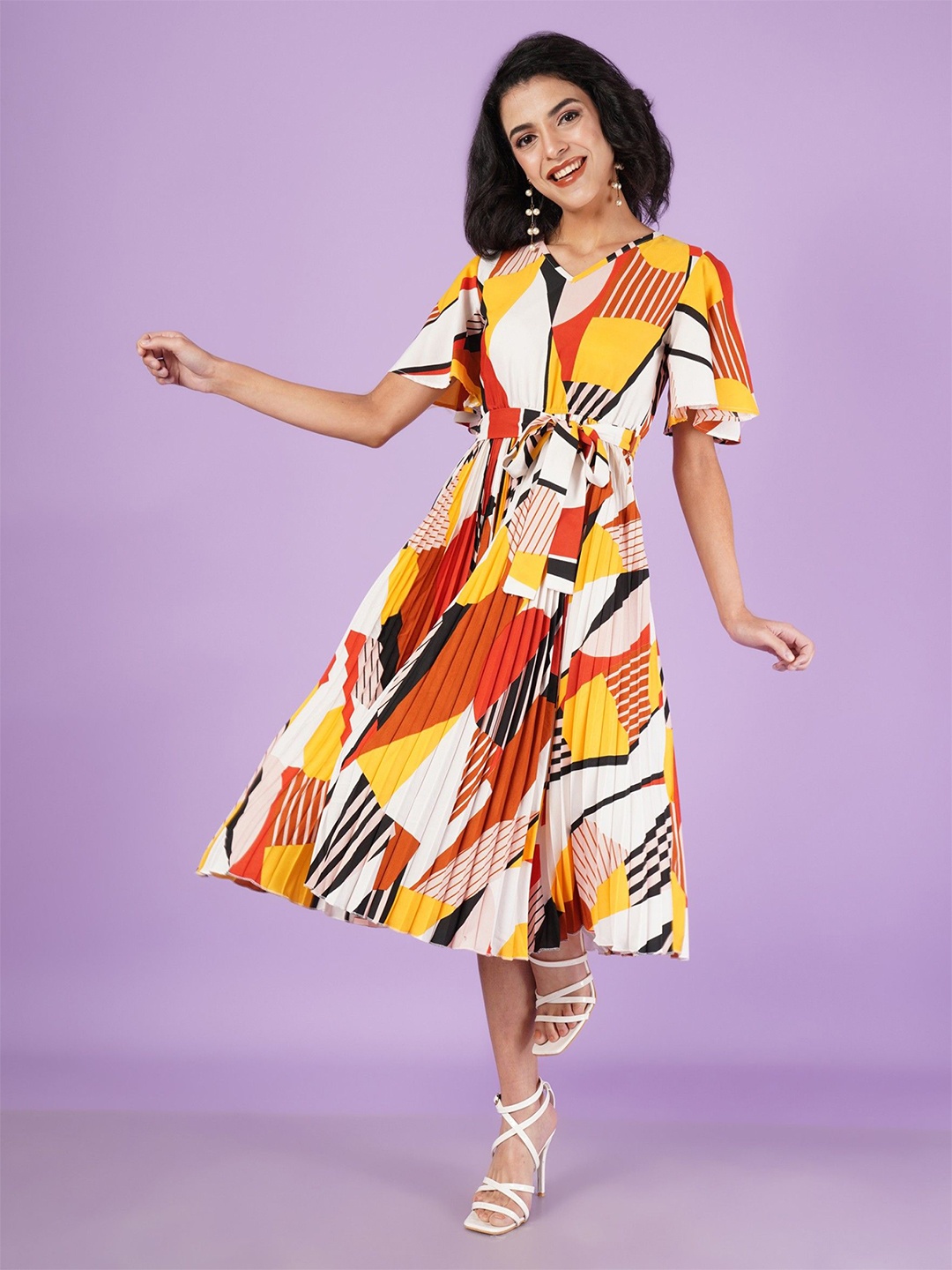 

Femvy Print Bell Sleeve Fit & Flare Dress, Yellow
