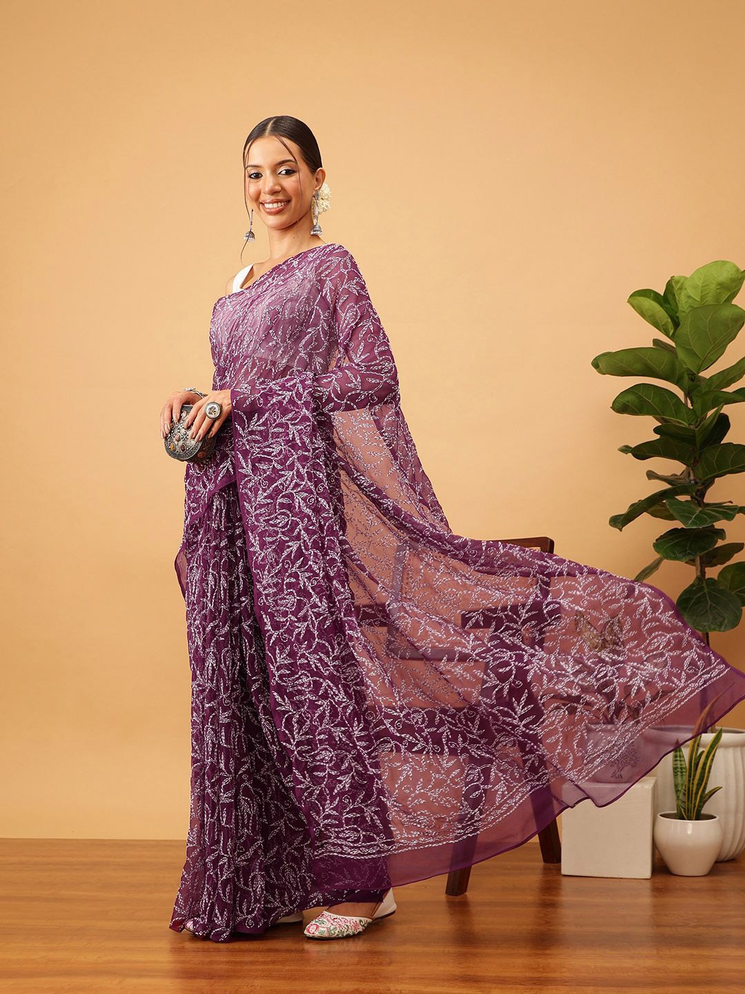 

ADA Embellished Embroidered Poly Georgette Saree, Burgundy
