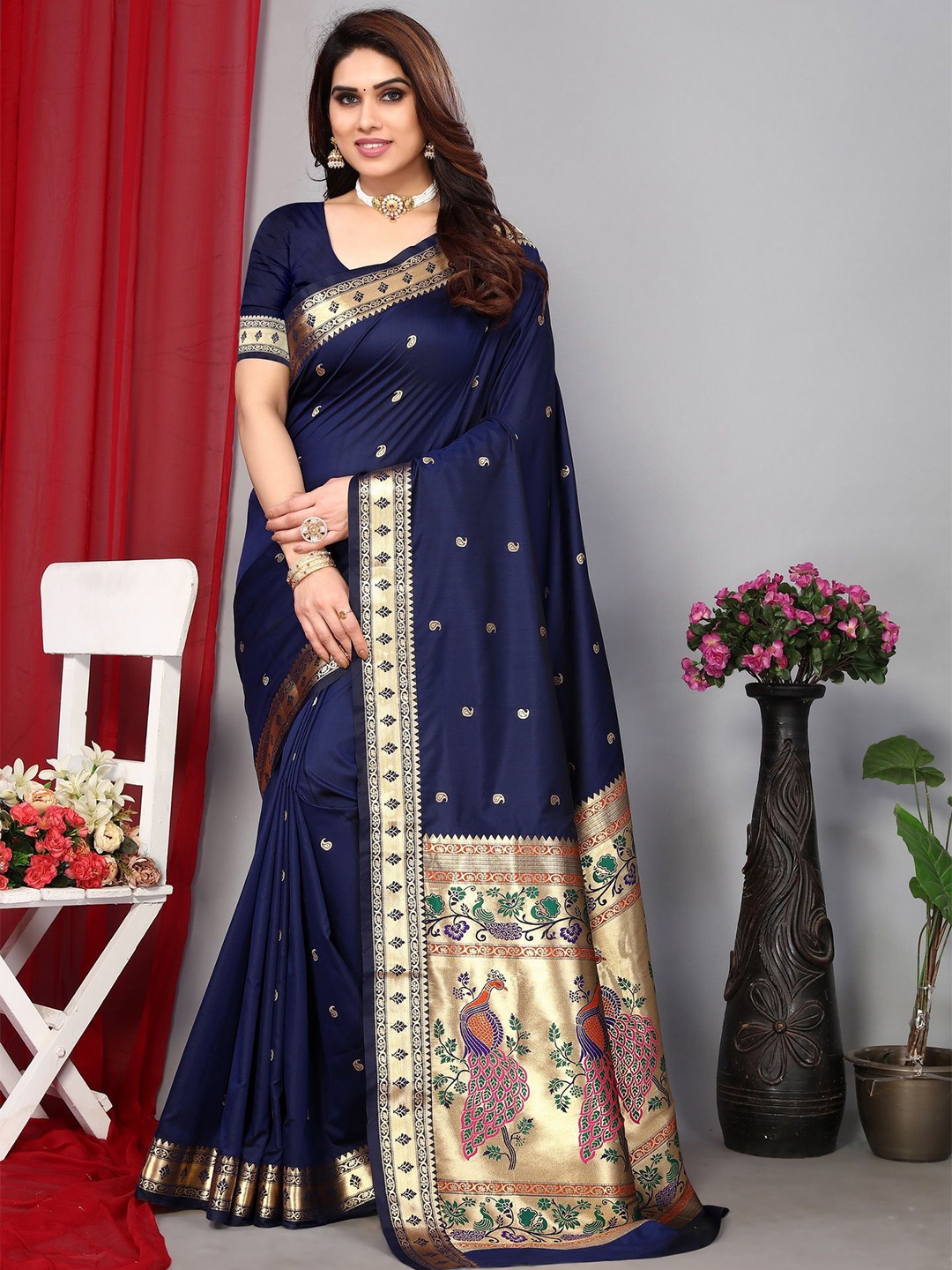 

Ekta Textiles Woven Design Zari Pure Silk Paithani Saree, Navy blue
