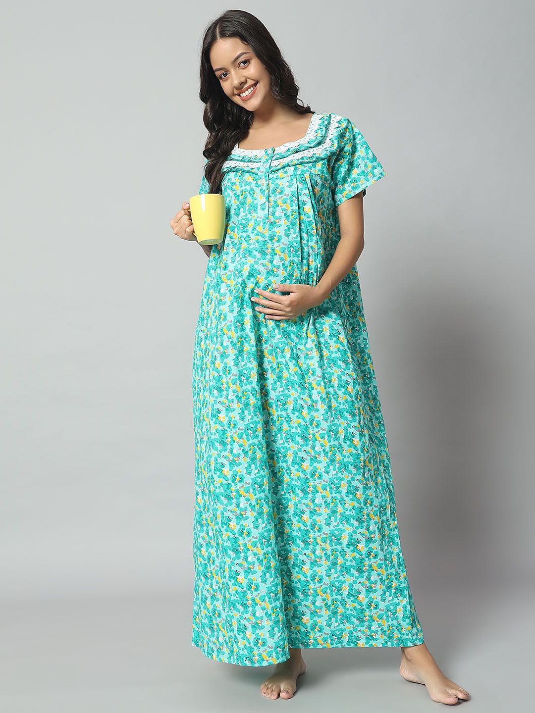 

SEPHANI Women Maternity Printed Maxi Pure Cotton Nightdress, Green