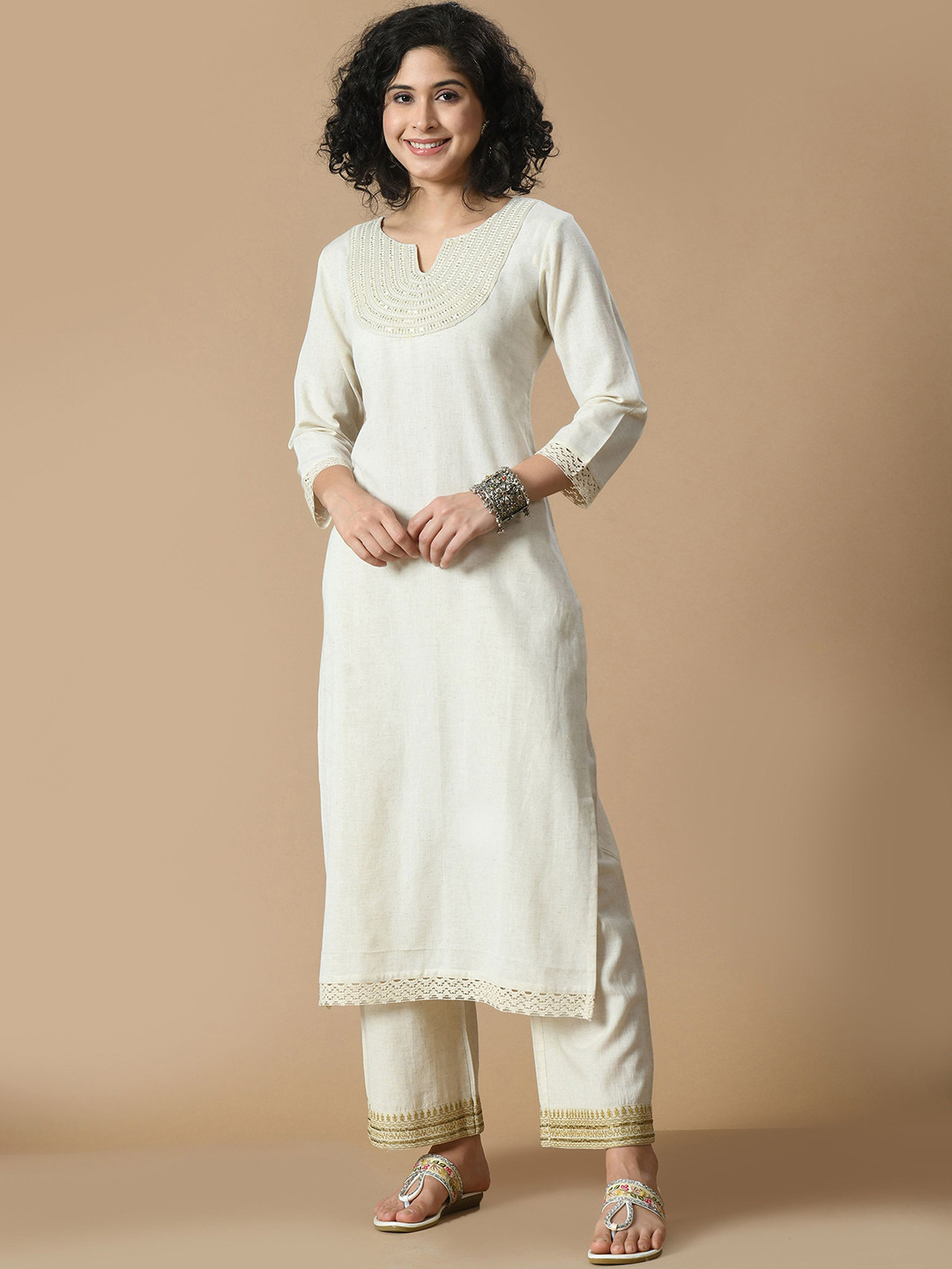 

Sangria White Floral Yoke Design Embroidered Sequinned Pure Cotton Straight Kurta Set, Cream