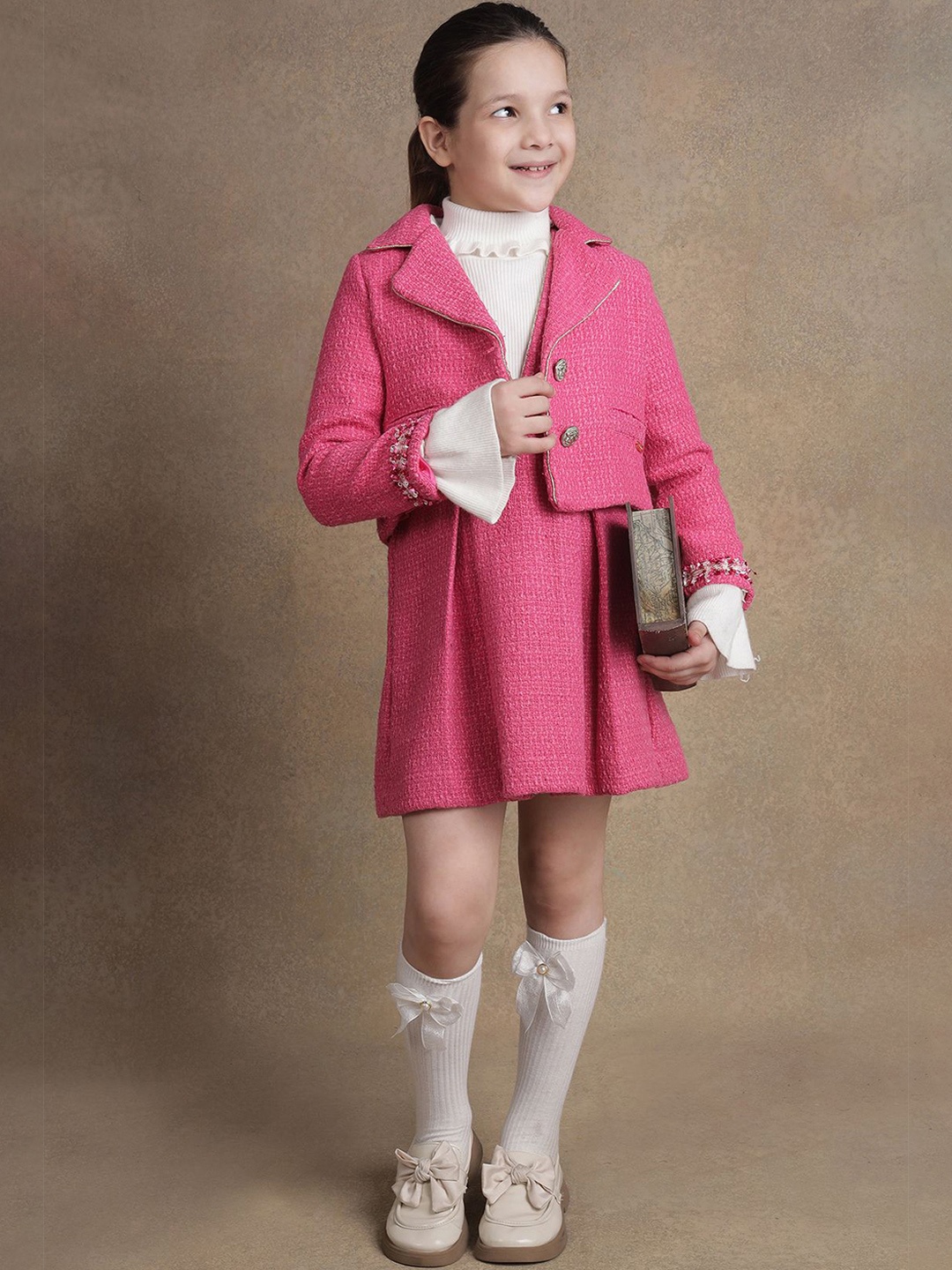 

One Friday Girls Lapel Collar Open Front Jacket, Pink