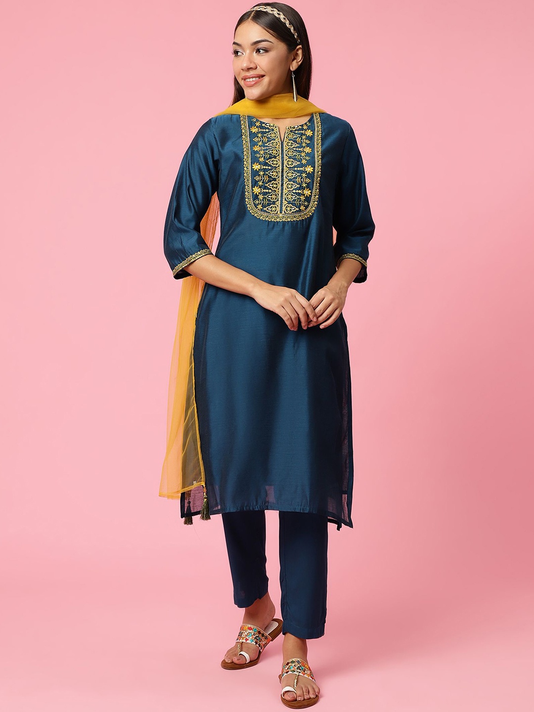 

Shree Floral Embroidered Chanderi Silk Straight Kurta & Trousers With Dupatta, Teal