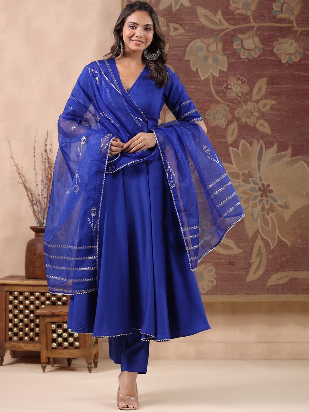 

GoSriKi V-Neck Anarkali Kurta with Trousers & Dupatta, Blue