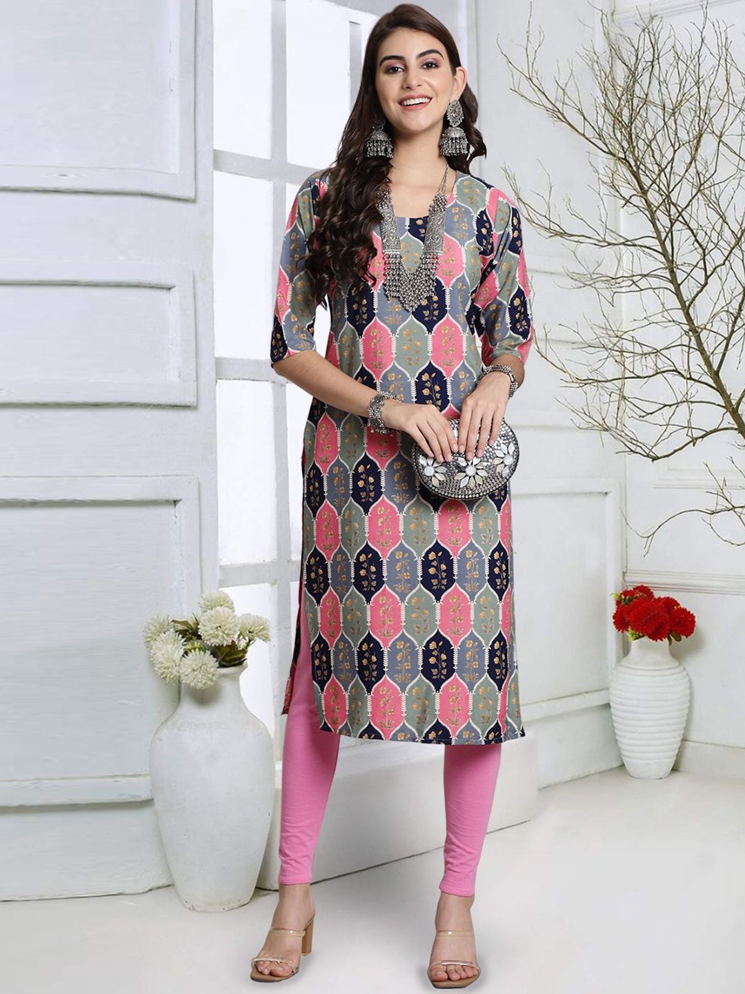 

7Threads Geometric Printed Straight Kurta, Grey