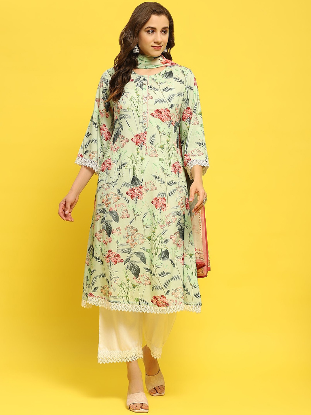 

Shree Floral Printed Liva A Line Kurta & Trousers With Dupatta, Green