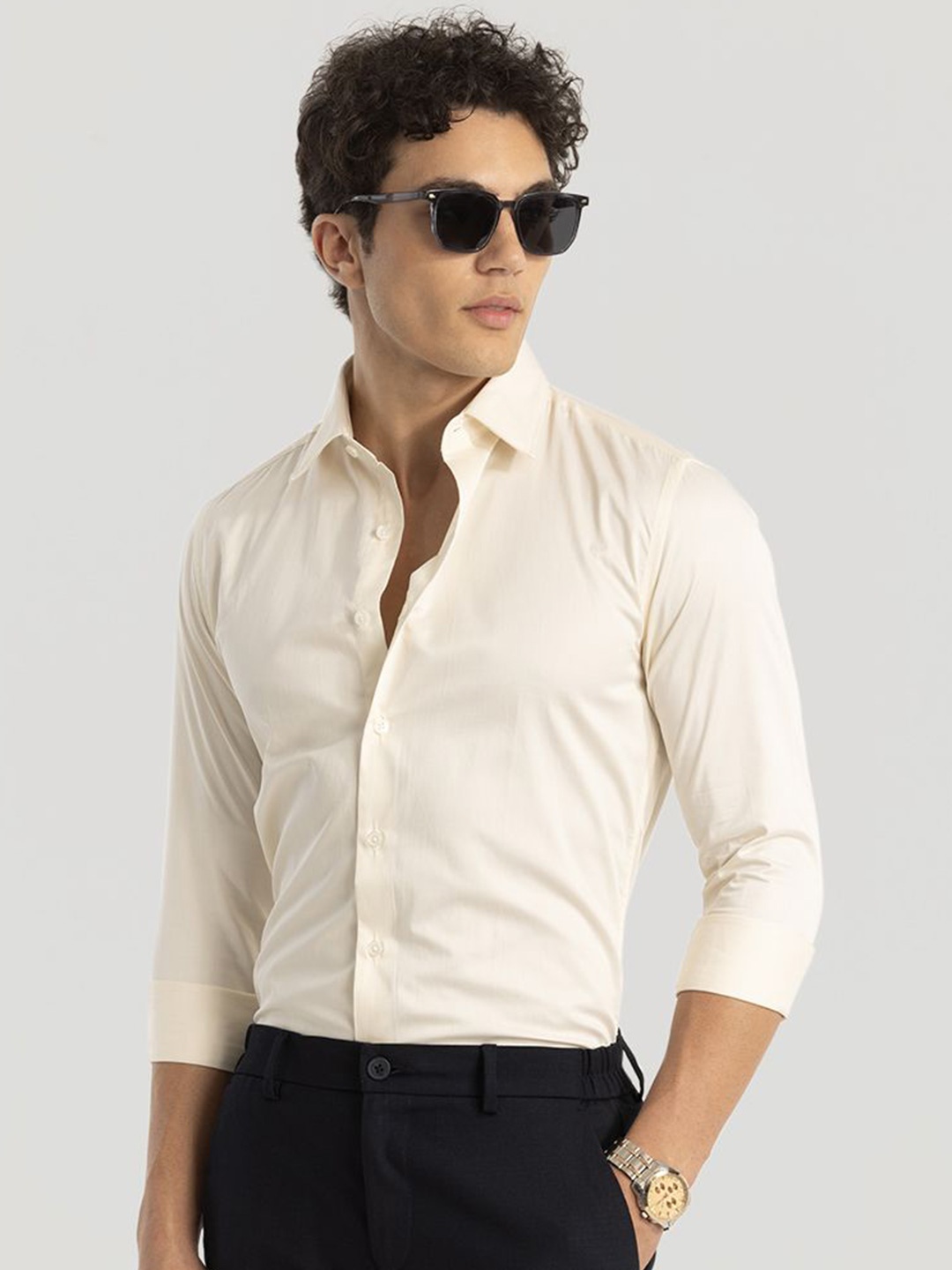 

Snitch Men Smart Spread Collar Solid Cotton Slim Fit Formal Shirt, Cream
